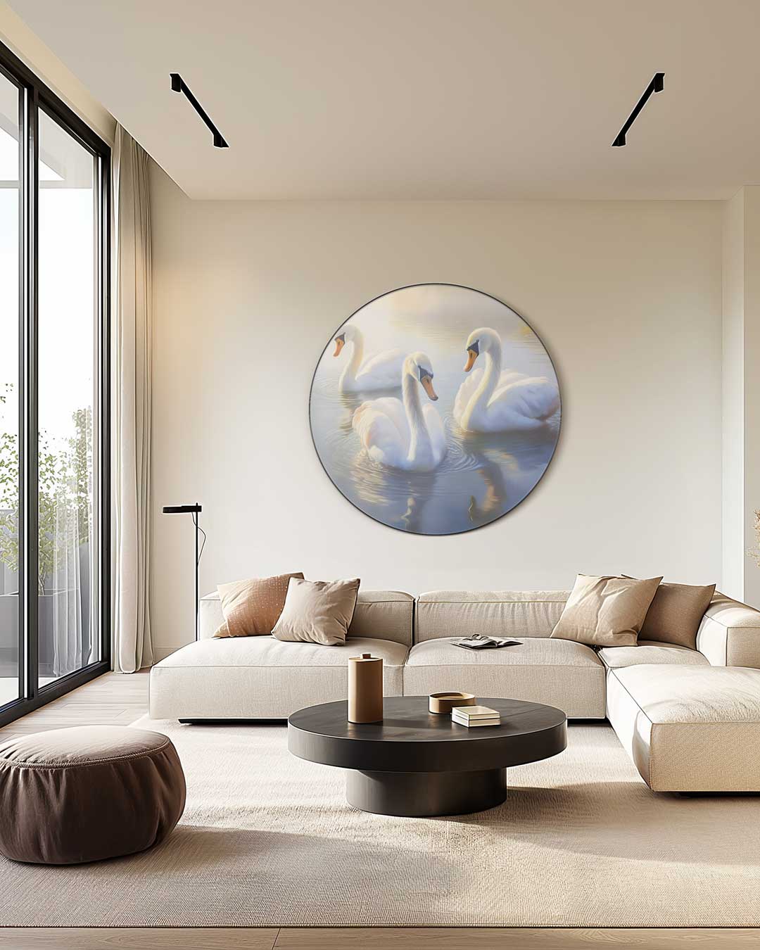 Elegante Zwanen in Ochtendnevel Muurcirkel-WallArtistic