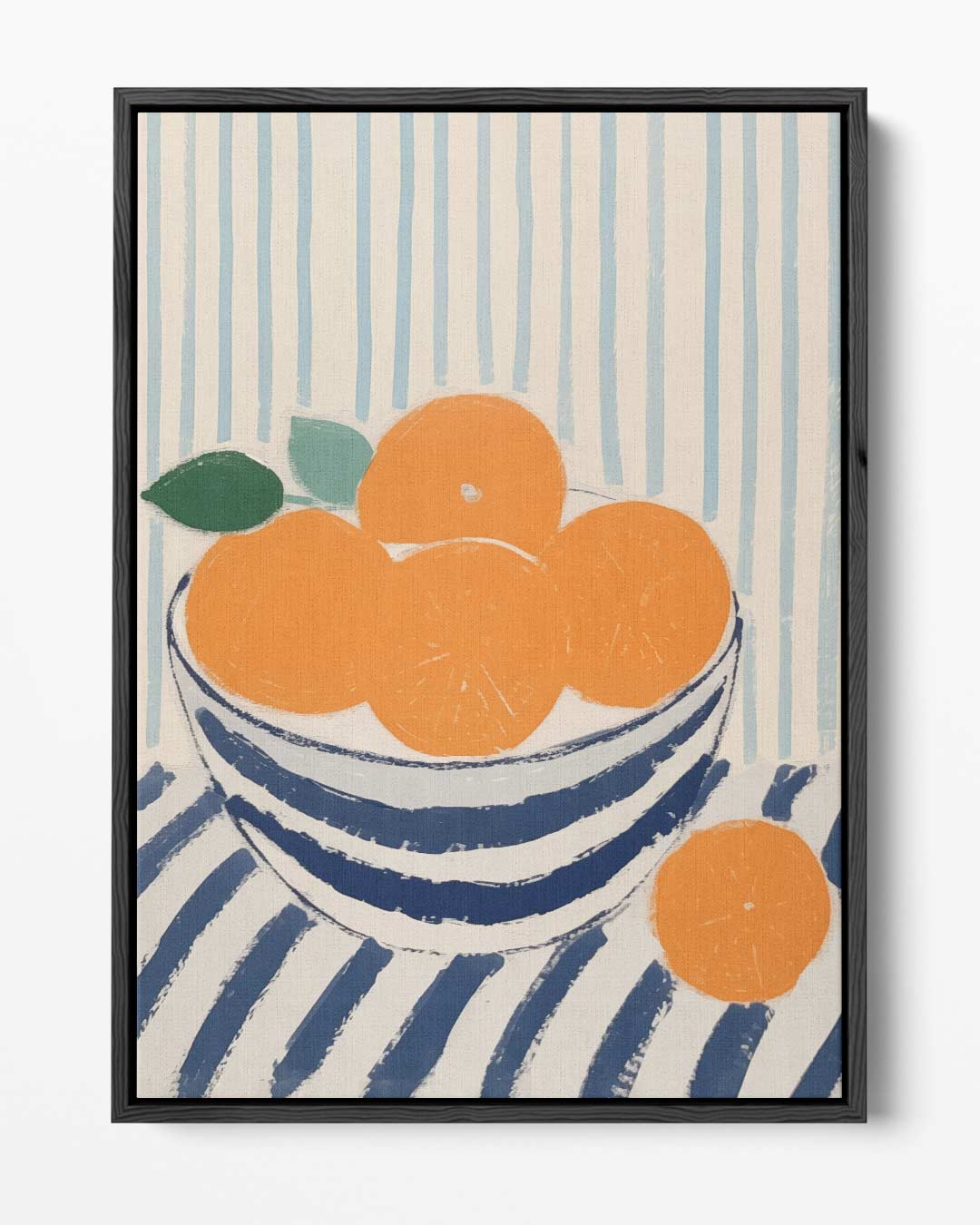 Blauwe kom met sinaasappels op gestreept tafelkleed Kunstwerk-canvas-dibond-plexiglas-wanddecoratie-WallArtistic