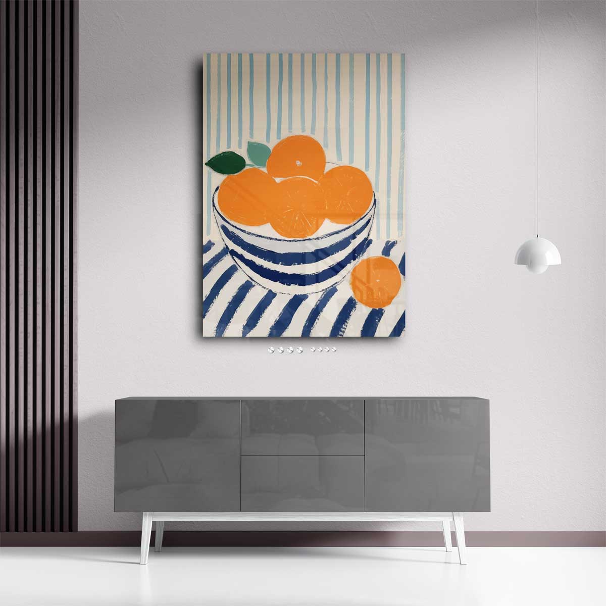 Blauwe kom met sinaasappels op gestreept tafelkleed Kunstwerk-canvas-dibond-plexiglas-wanddecoratie-WallArtistic