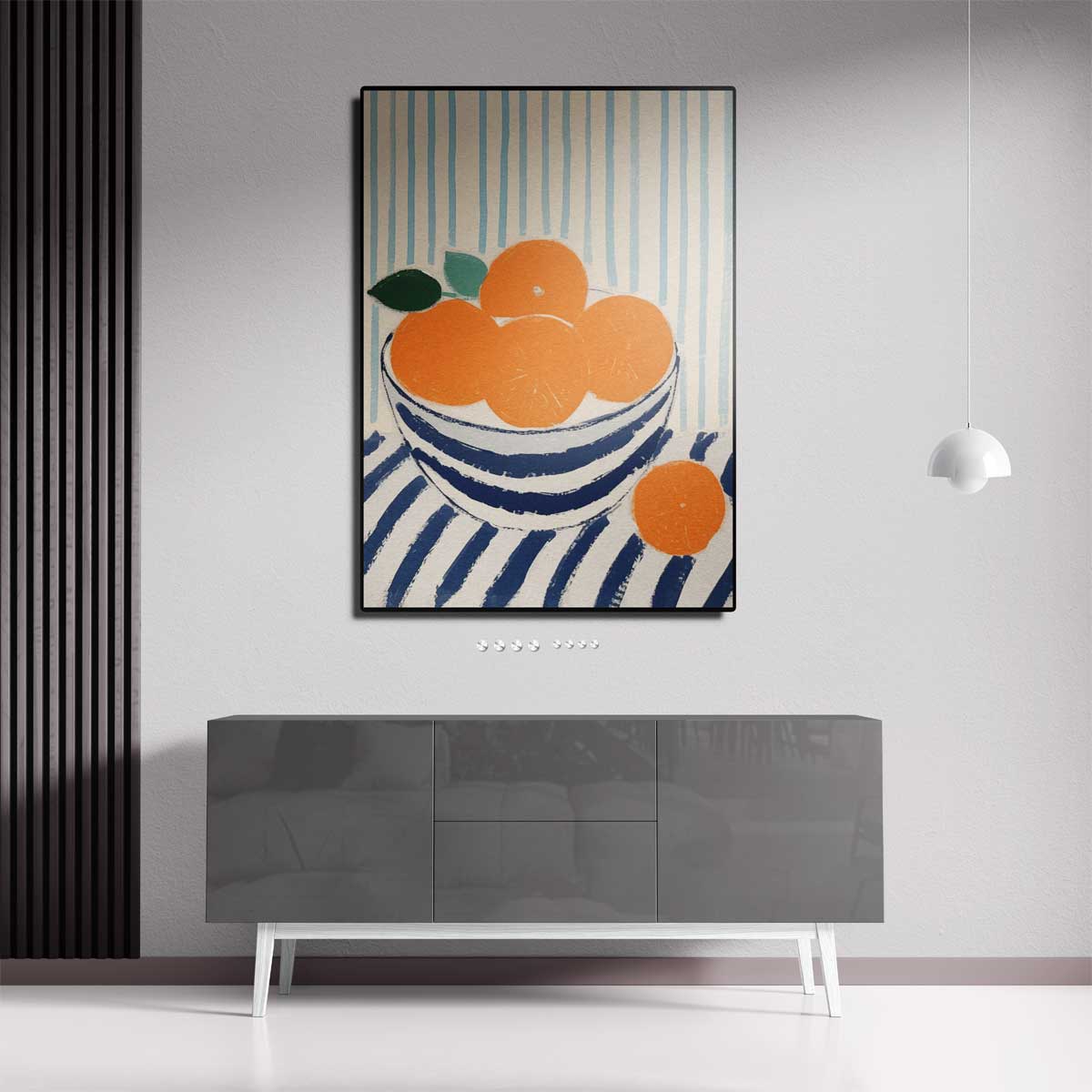 Blauwe kom met sinaasappels op gestreept tafelkleed Kunstwerk-canvas-dibond-plexiglas-wanddecoratie-WallArtistic