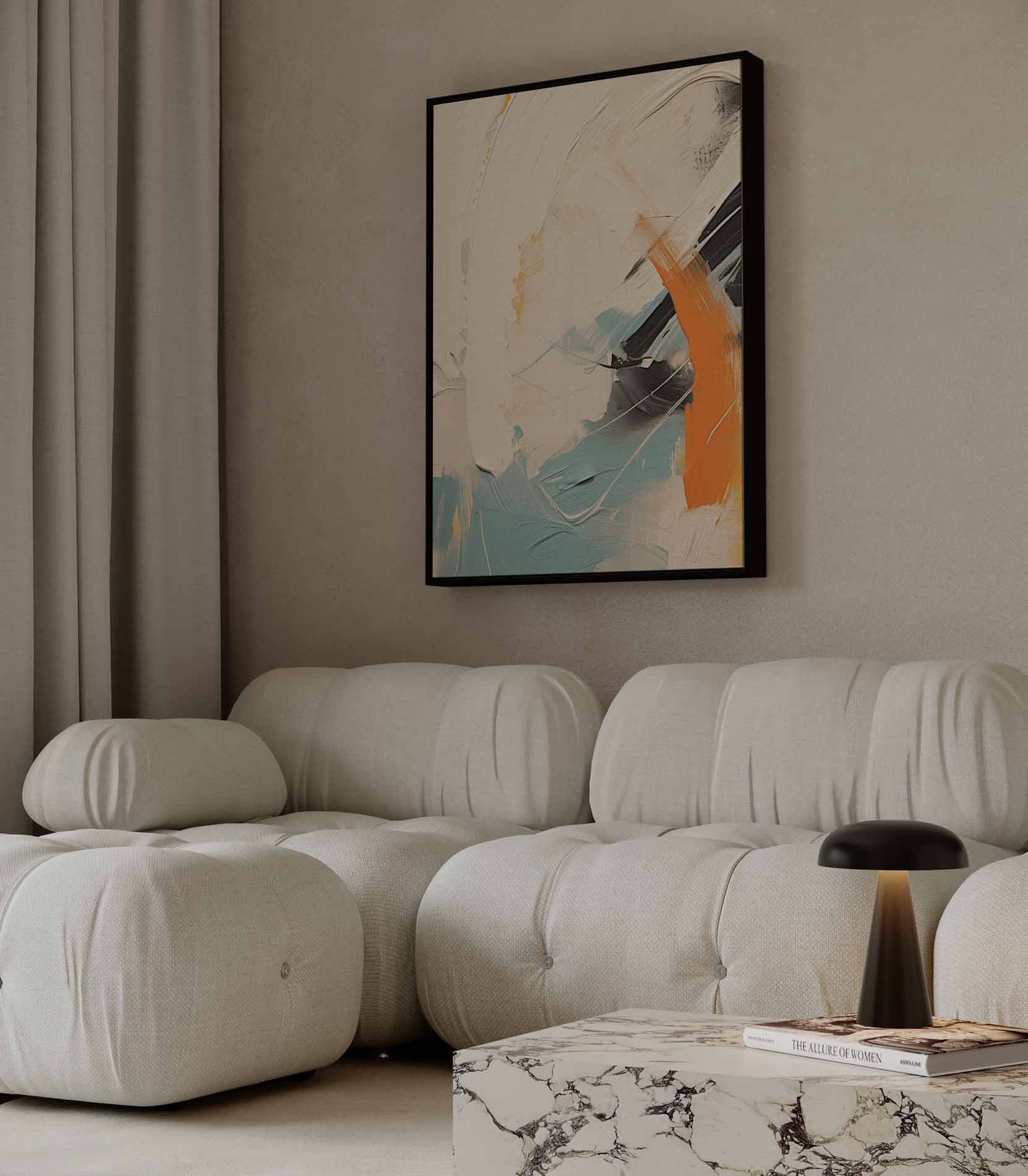 Abstracte kleurbeweging met oranje accent