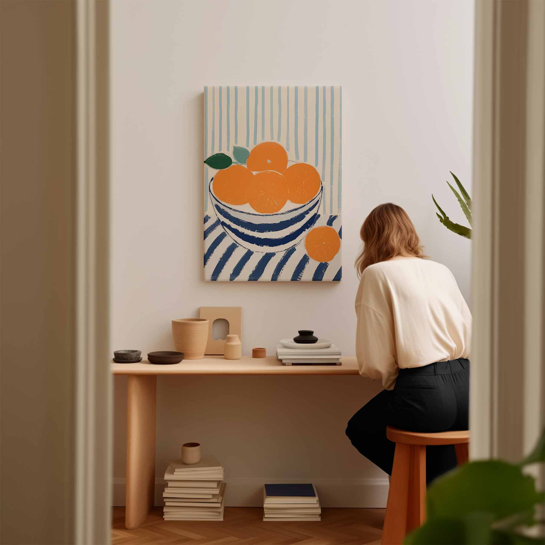Blauwe kom met sinaasappels op gestreept tafelkleed Kunstwerk-canvas-dibond-plexiglas-wanddecoratie-WallArtistic