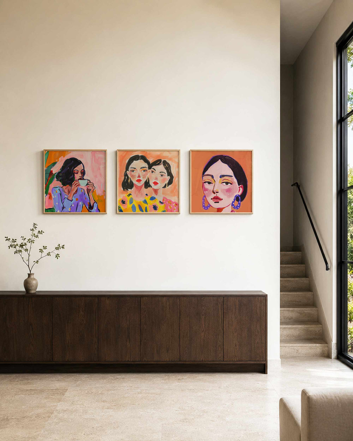 Interieurpresentatie van een driedelige vierkante posterset met kleurrijke vrouwenportretten