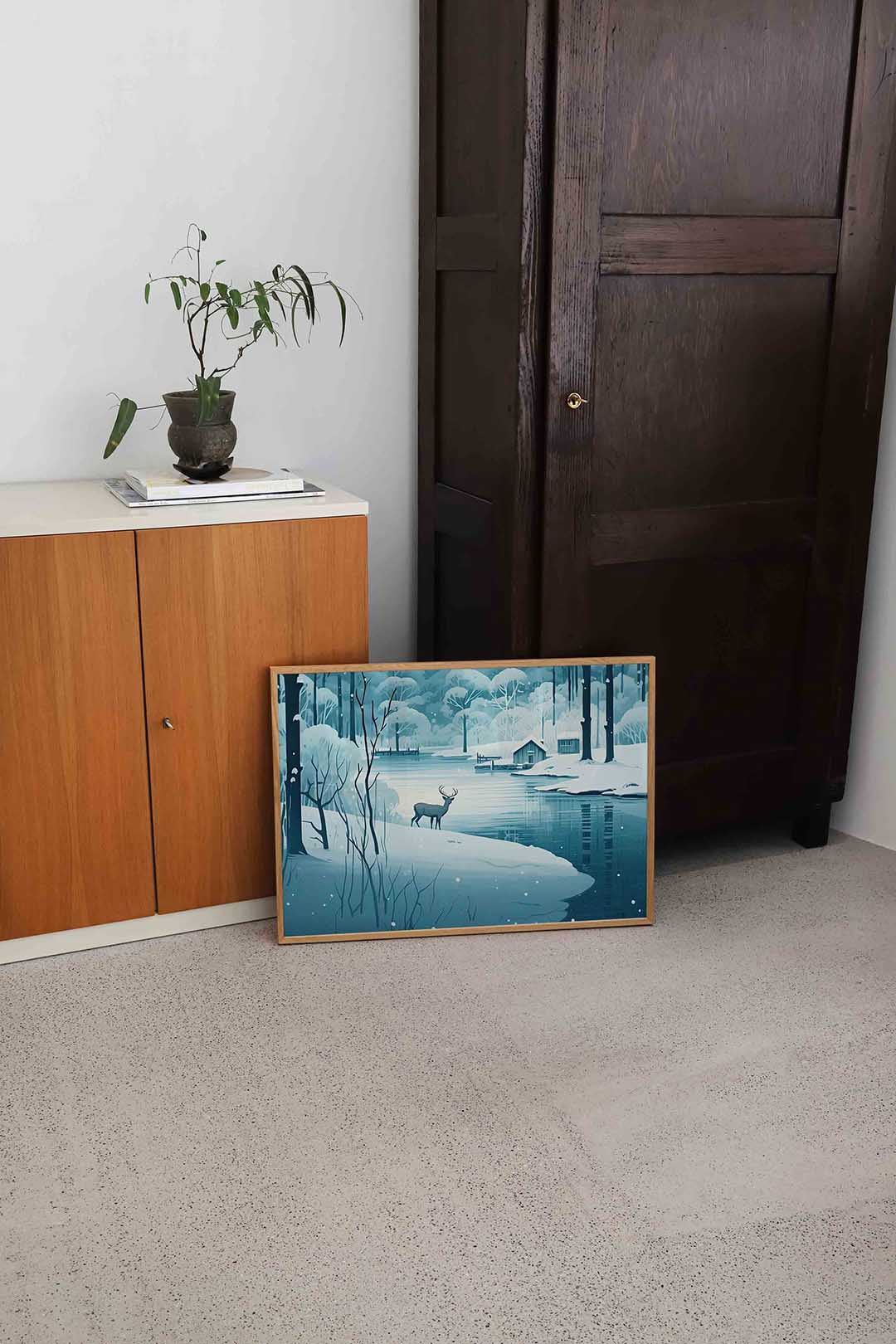Hert bij besneeuwd meer Poster