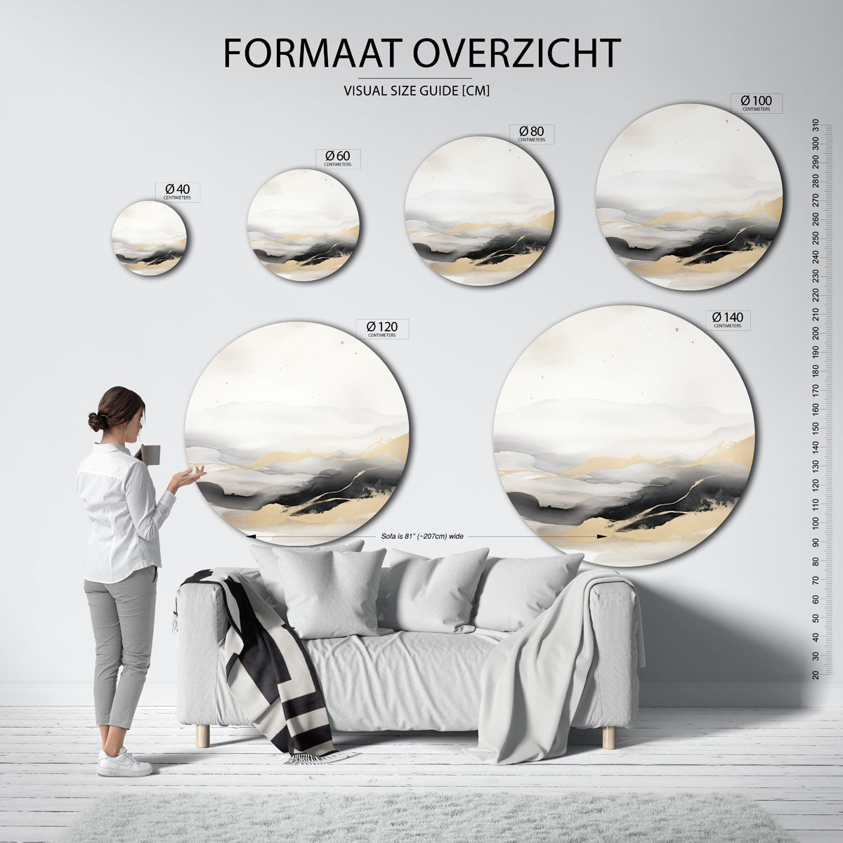Landschap in beige en zwart Muurcirkel