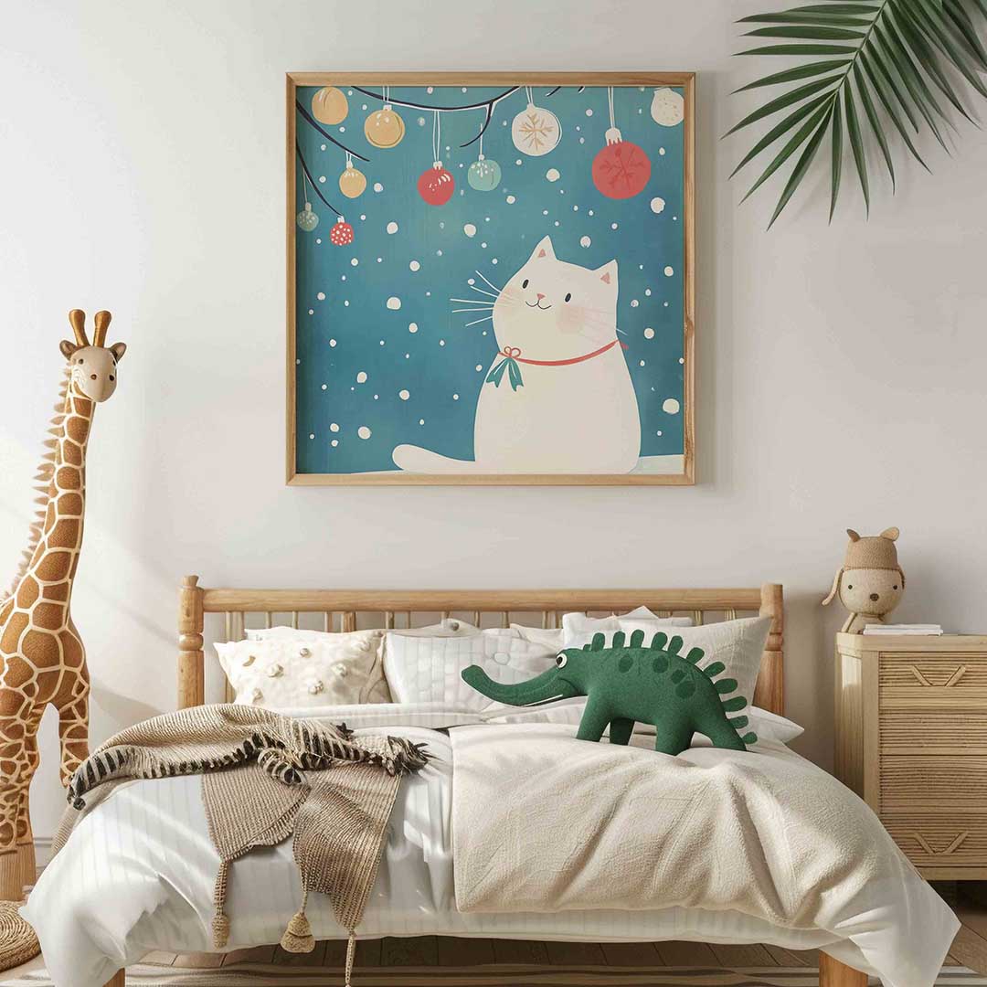 Witte kat met kerstballen Poster