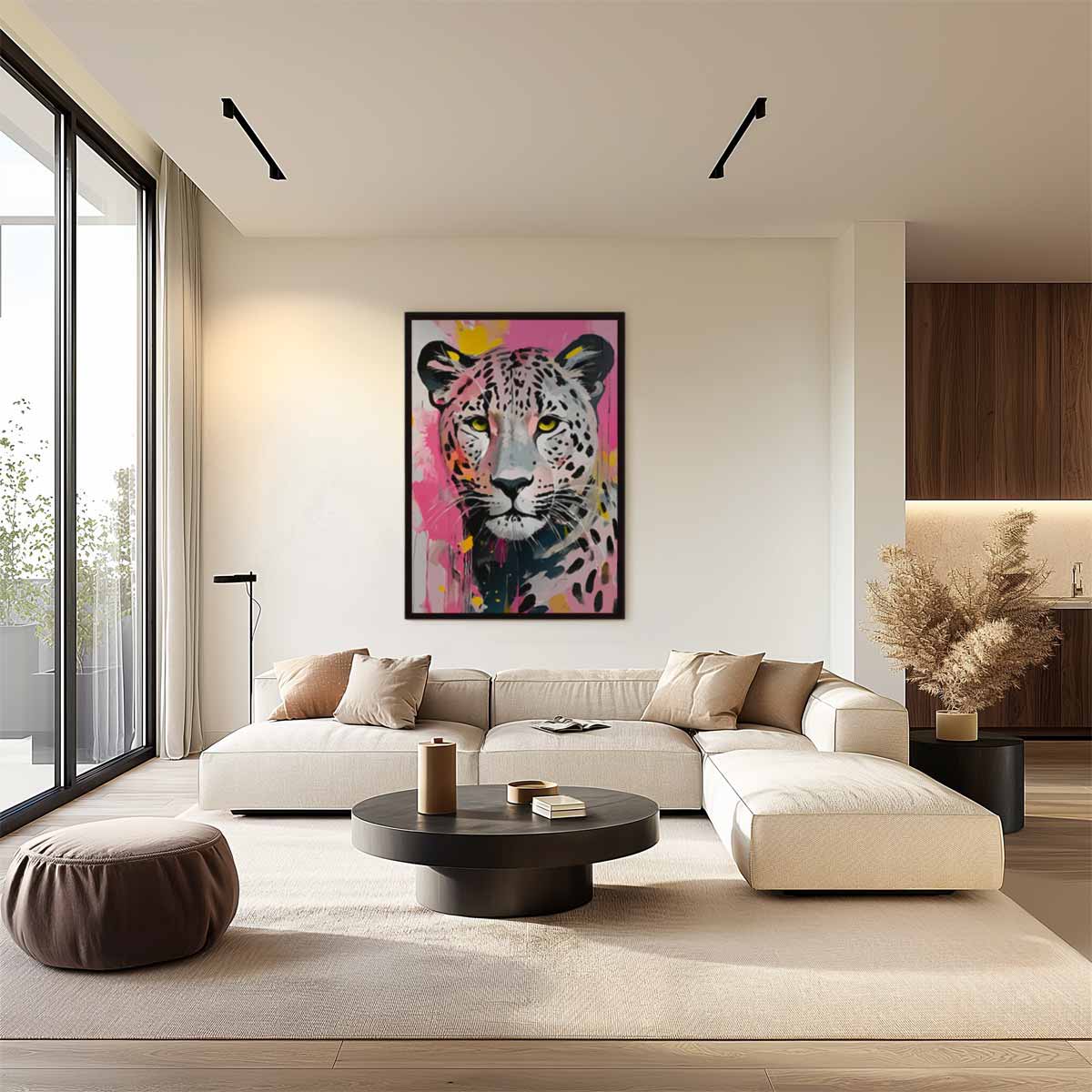 Kleurrijke Luipaard Expressie Kunstwerk-canvas-dibond-plexiglas-wanddecoratie-WallArtistic