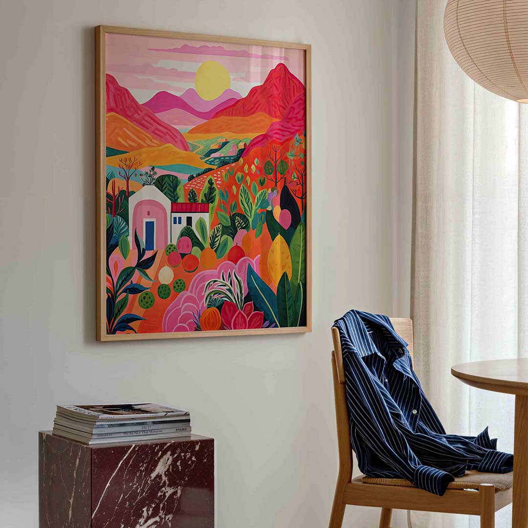 Landschap met bergen en zon Poster