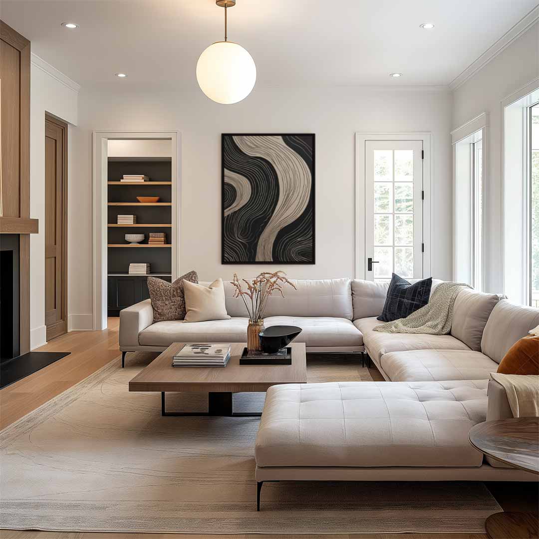 Golvende Lijnen op Zwart Kunstwerk-canvas-dibond-plexiglas-wanddecoratie-WallArtistic