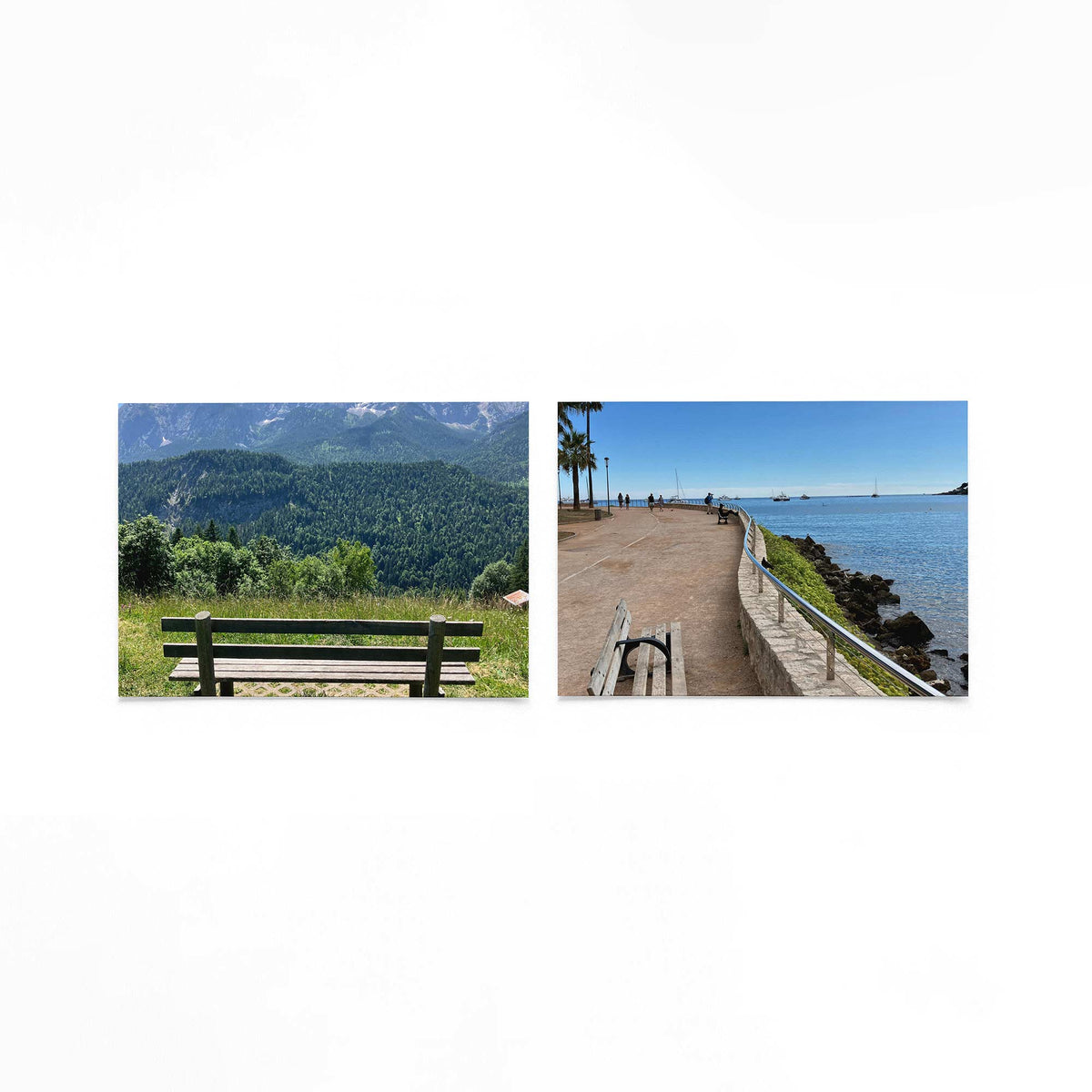 Productfoto van twee liggende posters met banken aan blauwe horizonnen – Gerald Emming