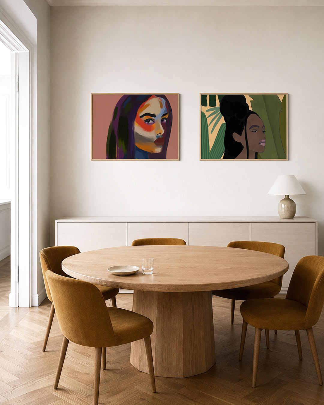 Tweedelige posterset met een gezicht met levendige kleurvlakken, getoond in een interieur