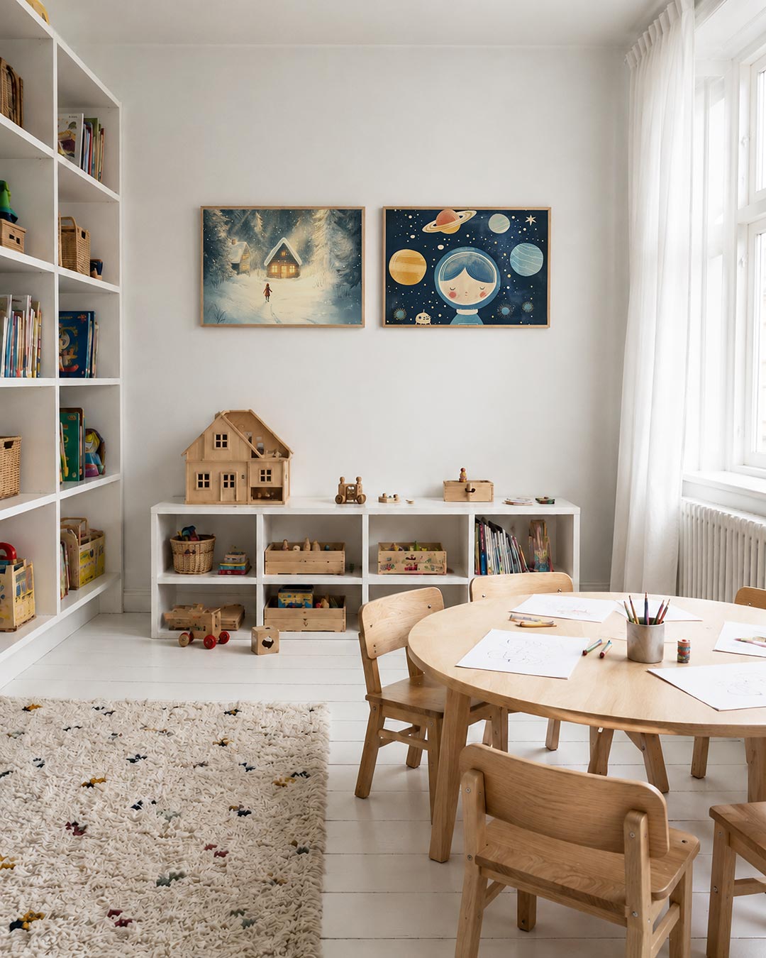 Tweedelige posterset met een kind in een besneeuwd bos naar twee verlichte huisjes, getoond in een interieur