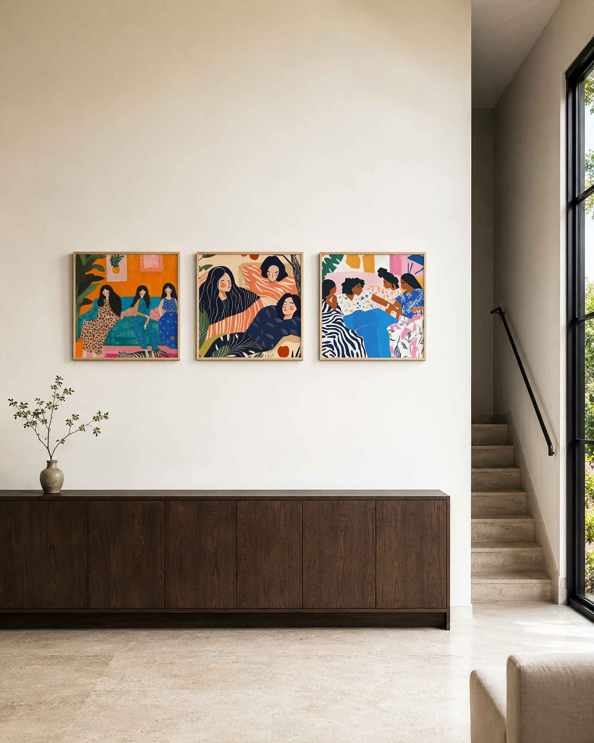 Interieurpresentatie van een driedelige vierkante posterset met vrouwenportretten en gezelschap