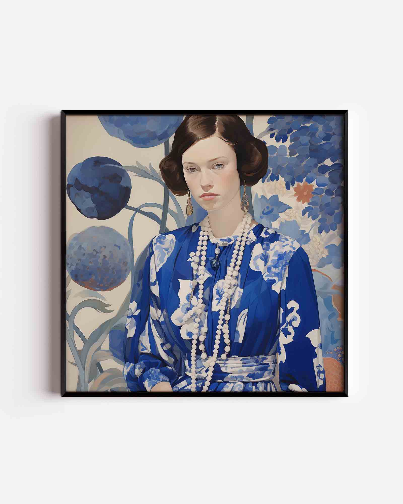 Vrouw met blauwe bloemen Poster
