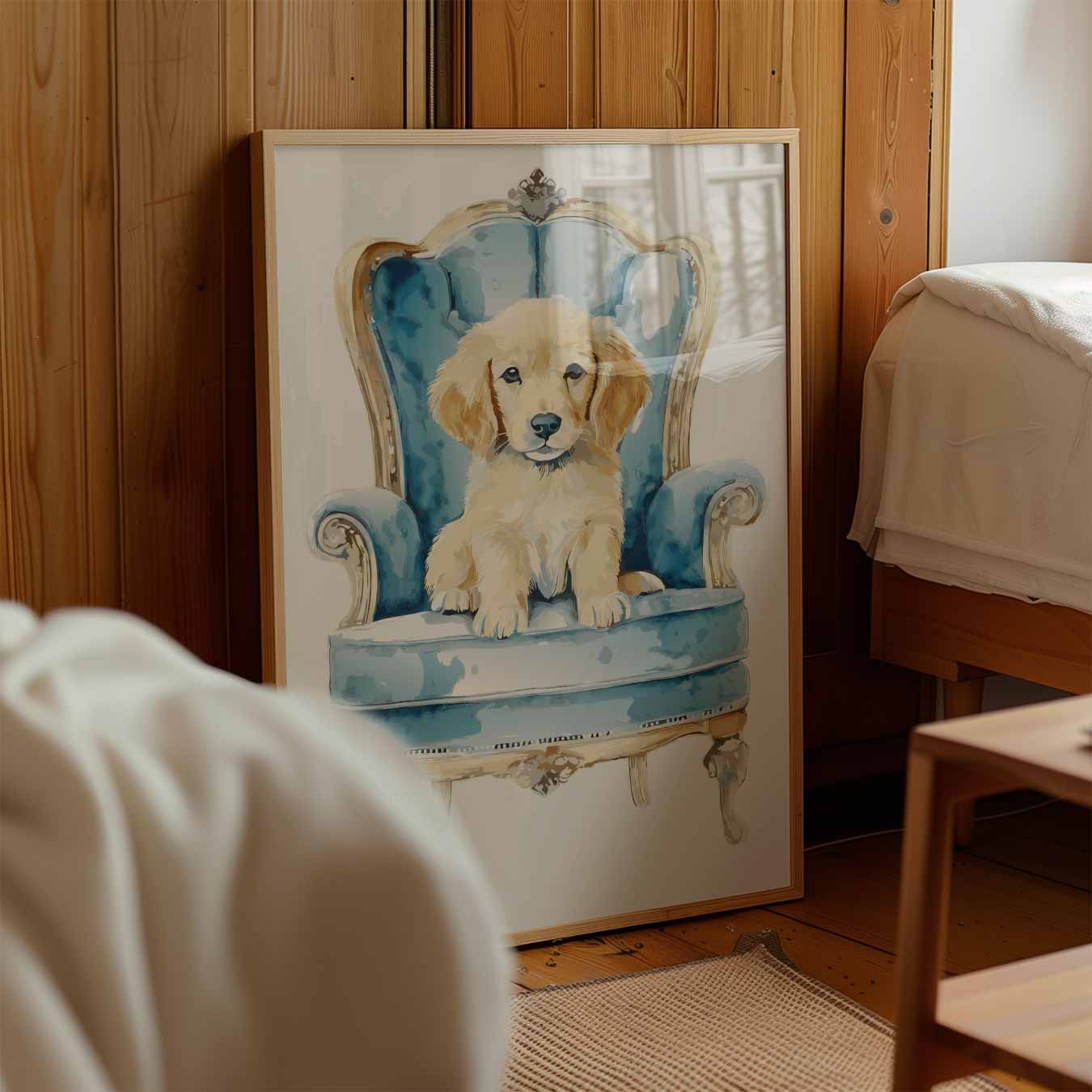 Puppy op Blauwe Troon Poster-WallArtistic