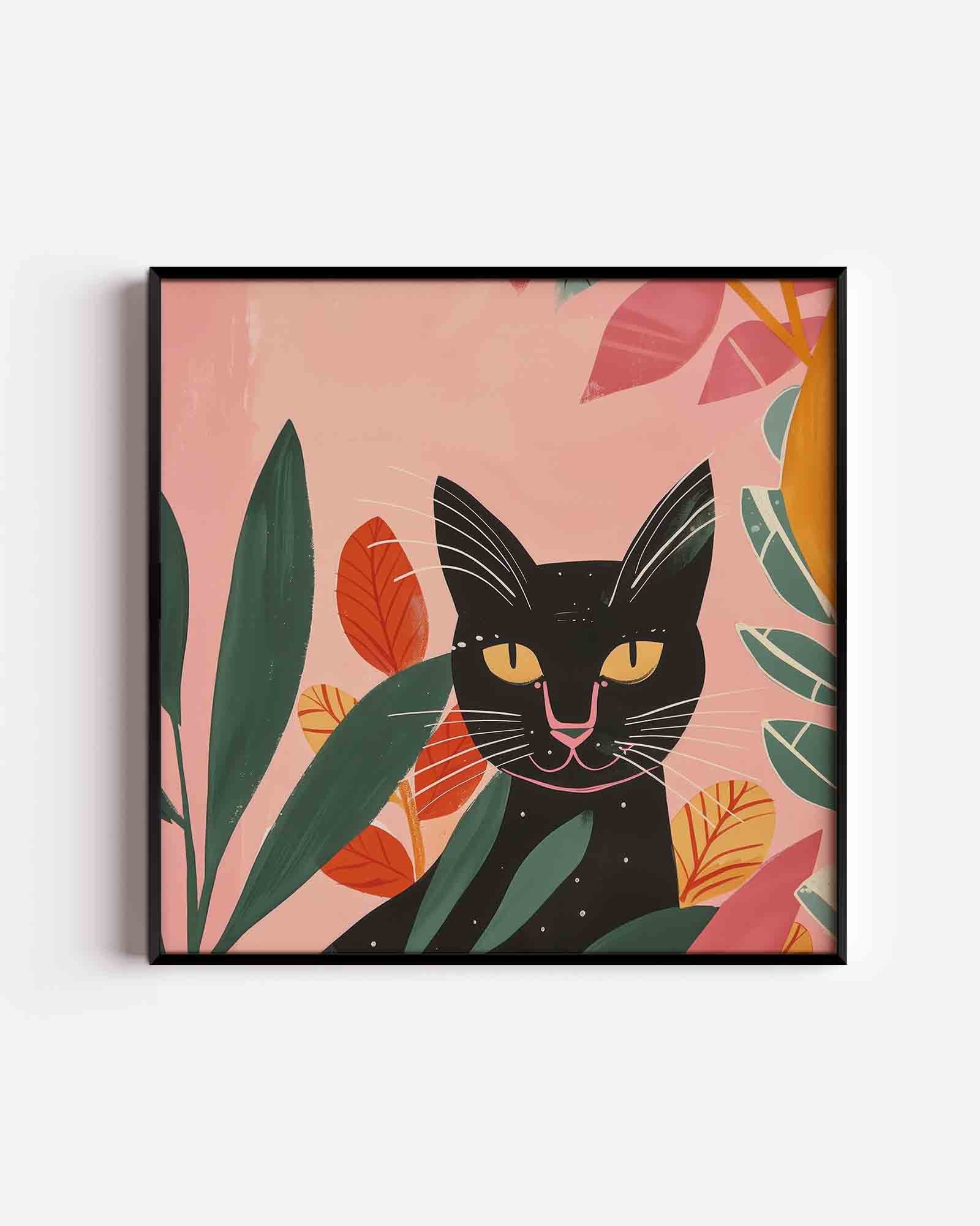 Zwarte kat en bladeren Poster