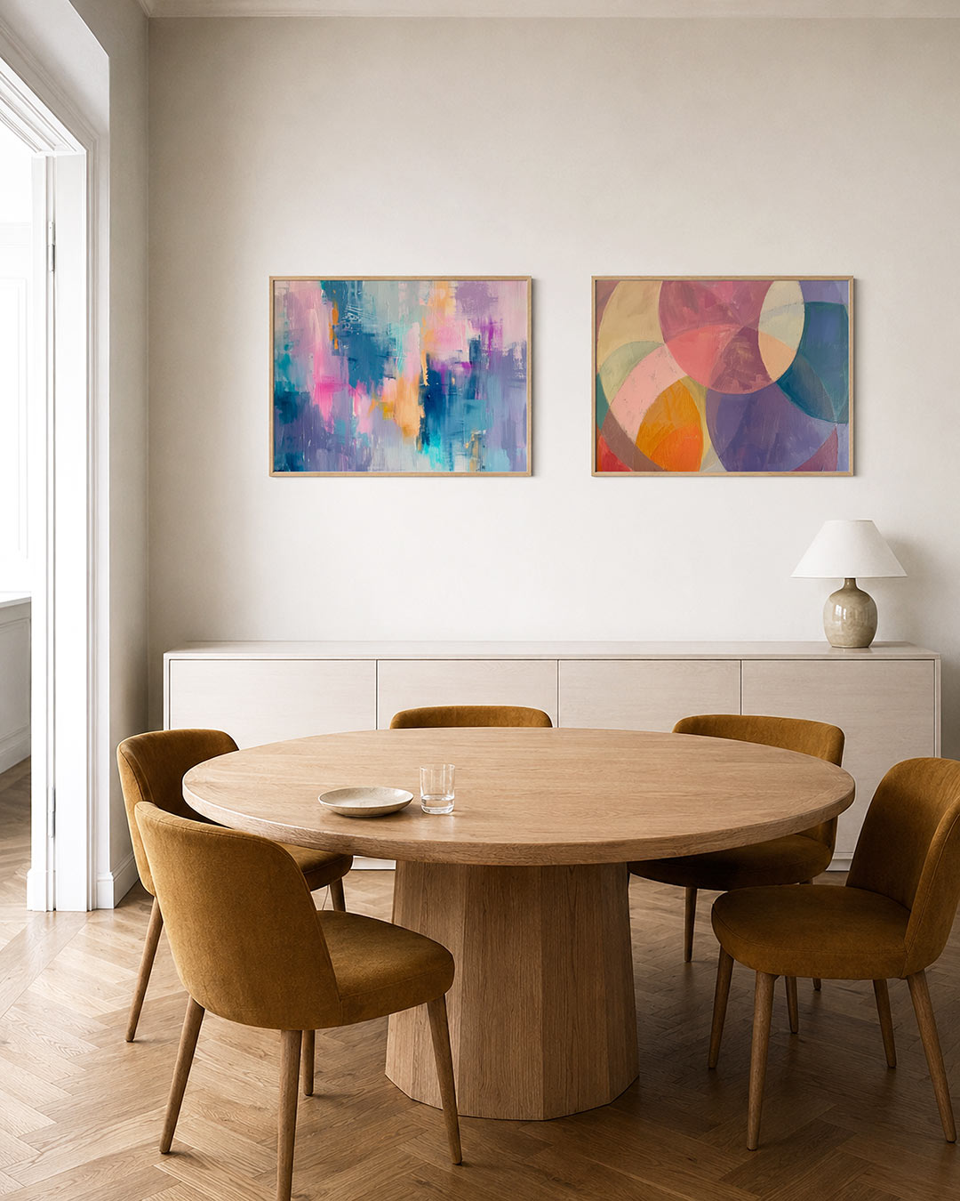 Twee liggende posters met zachte pasteltinten, aan de muur in een interieur