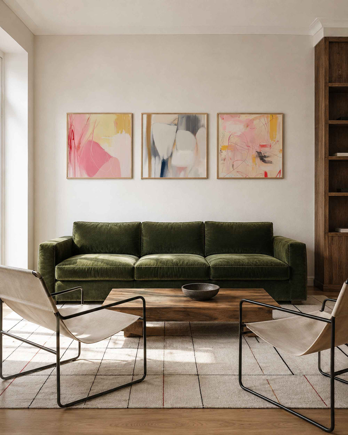 Interieurpresentatie van een driedelige vierkante posterset met abstracte kleurencompositie