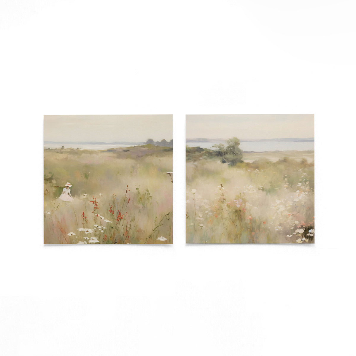 Twee vierkante posters met bloemenweide landschap op een gebroken witte achtergrond