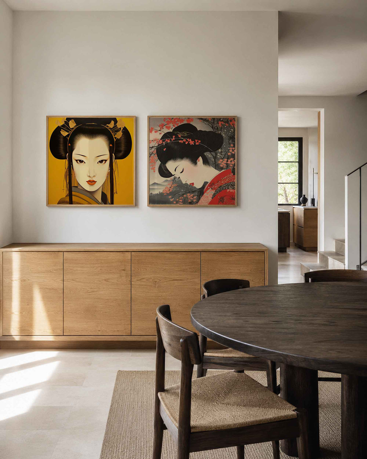 Interieurpresentatie van een tweedelige vierkante posterset met japanse vrouwenportretten