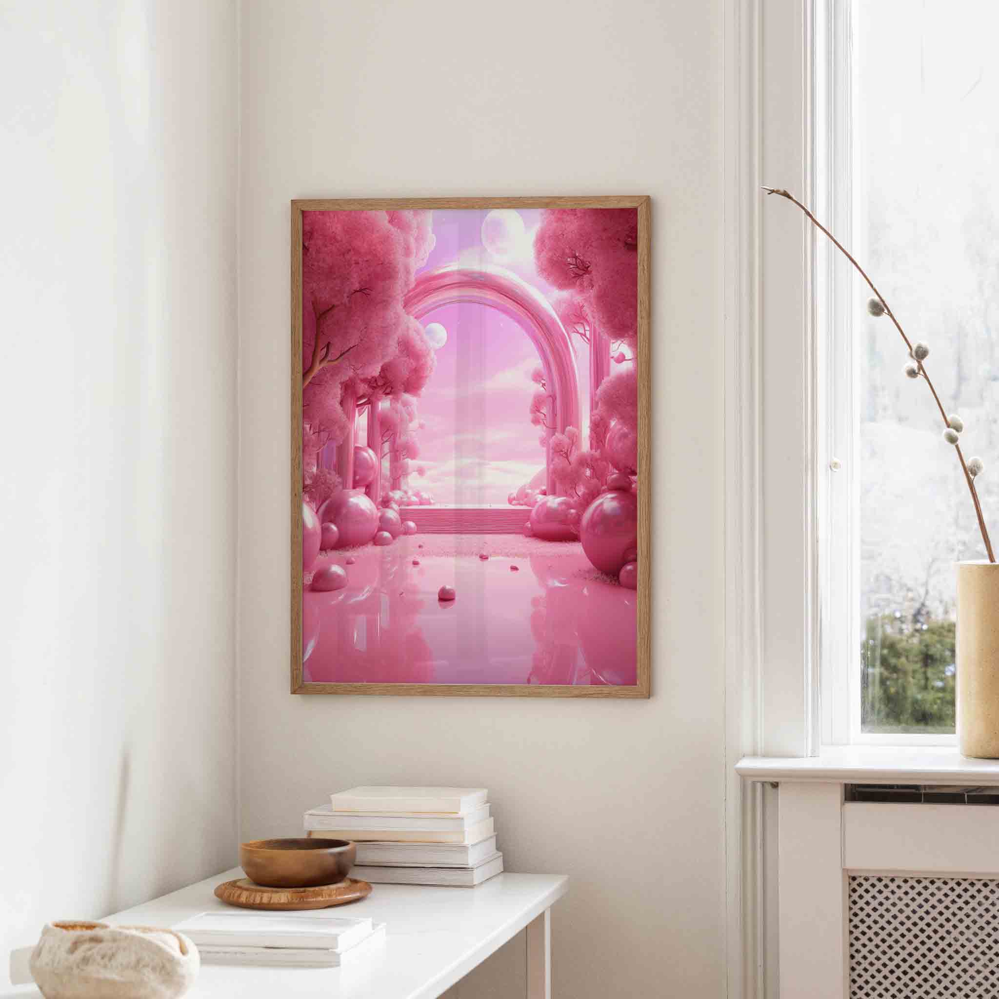 Roze landschap met bogen Poster