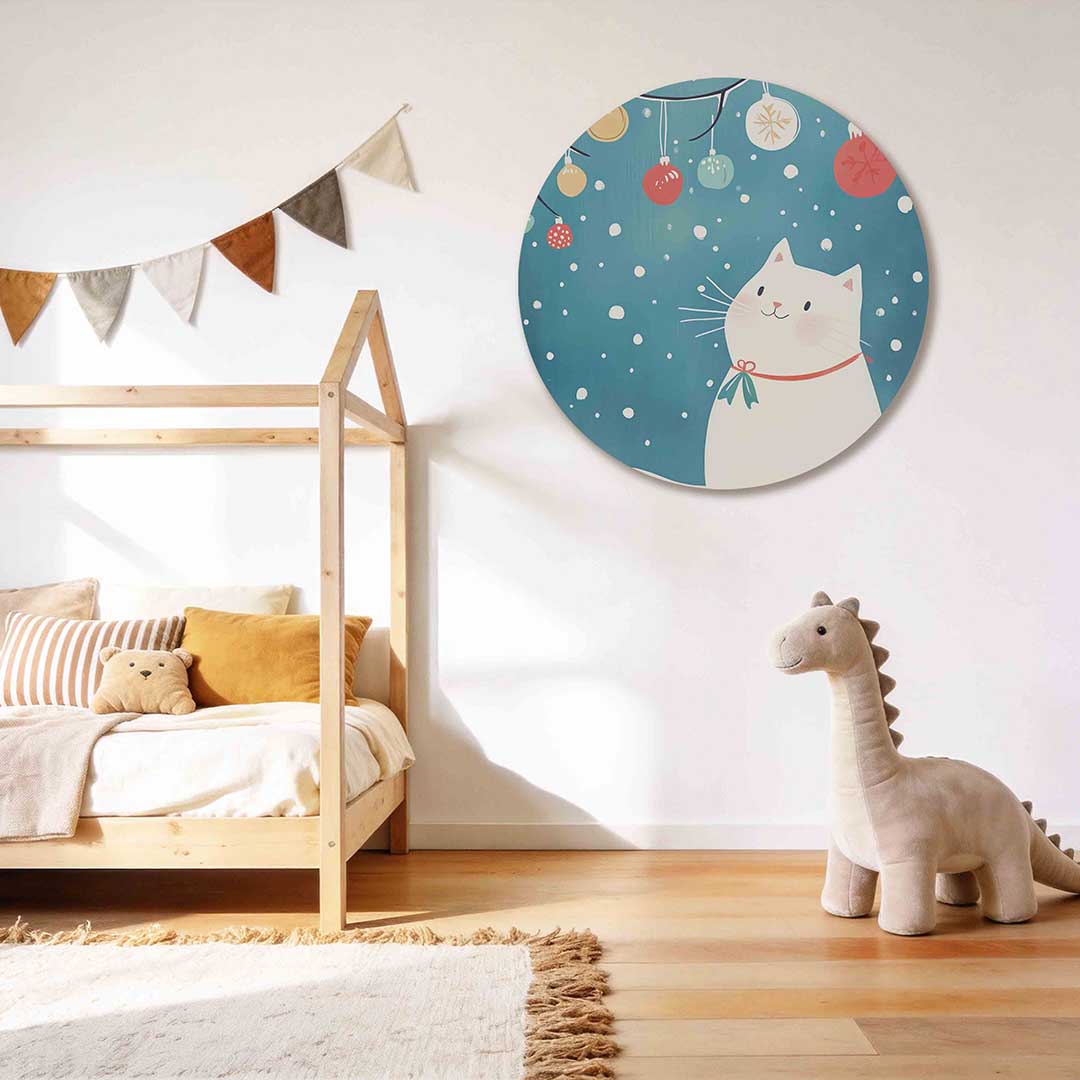 Witte kat met kerstballen Muurcirkel