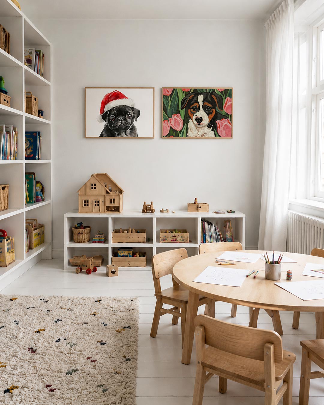 Tweedelige posterset met een schattige zwarte mopshond met een rode kerstmuts, getoond in een interieur
