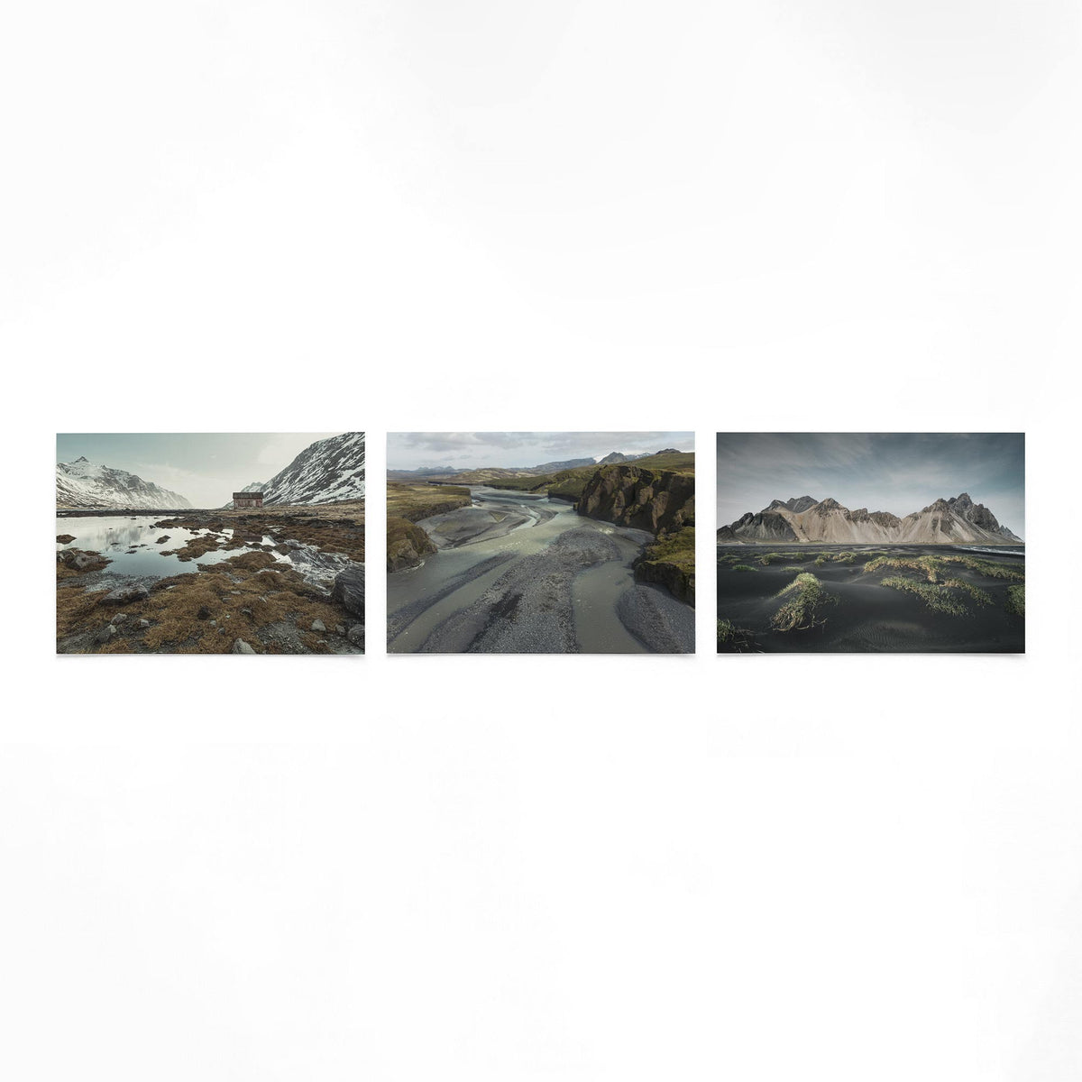 Productfoto van drie liggende posters met ruige berglandschappen – Gerald Emming