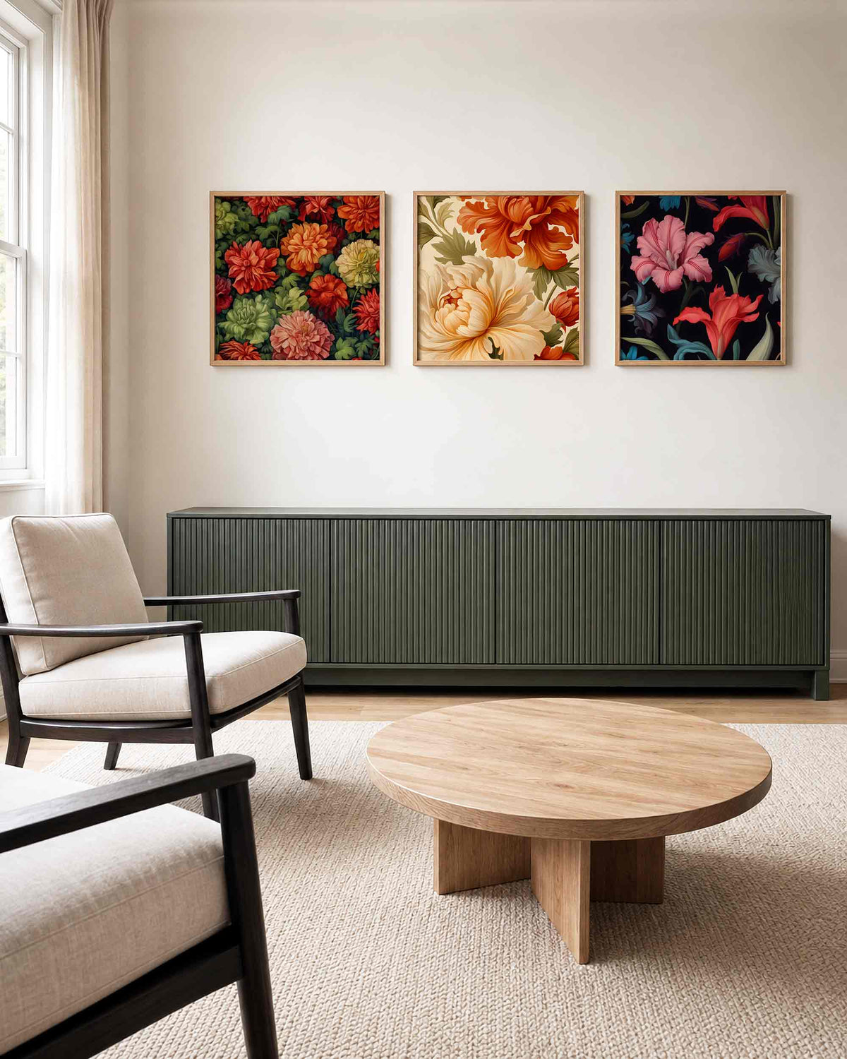 Interieurpresentatie van een driedelige vierkante posterset met kleurrijke bloemen