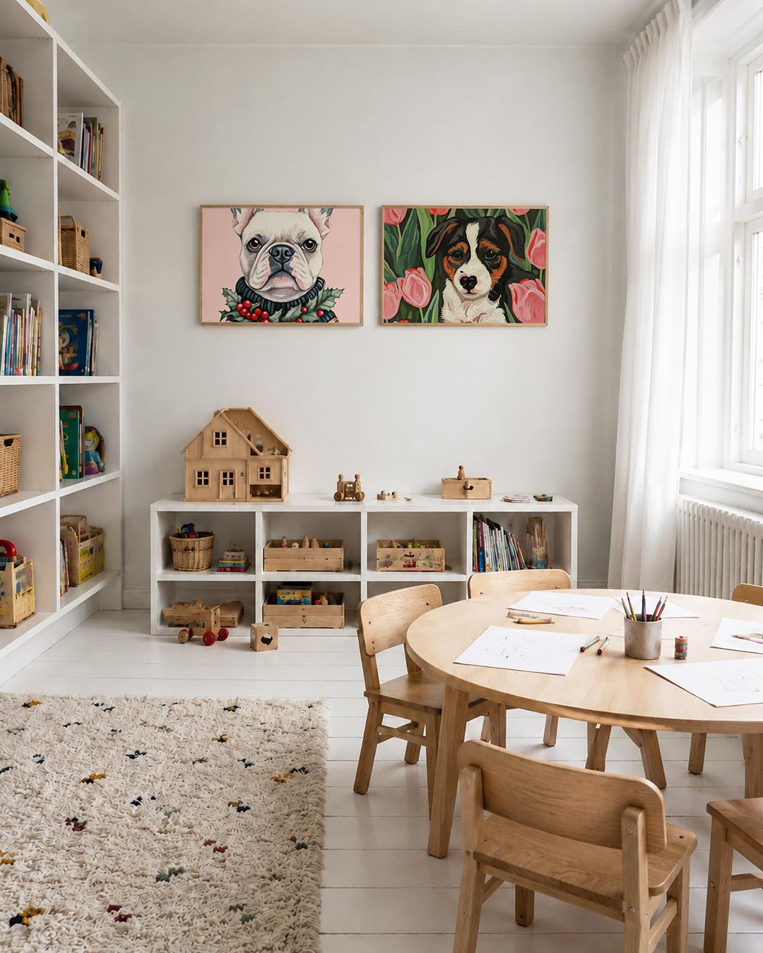 Tweedelige posterset met een gedetailleerd hondenportret met zachte kleuren en een, getoond in een interieur