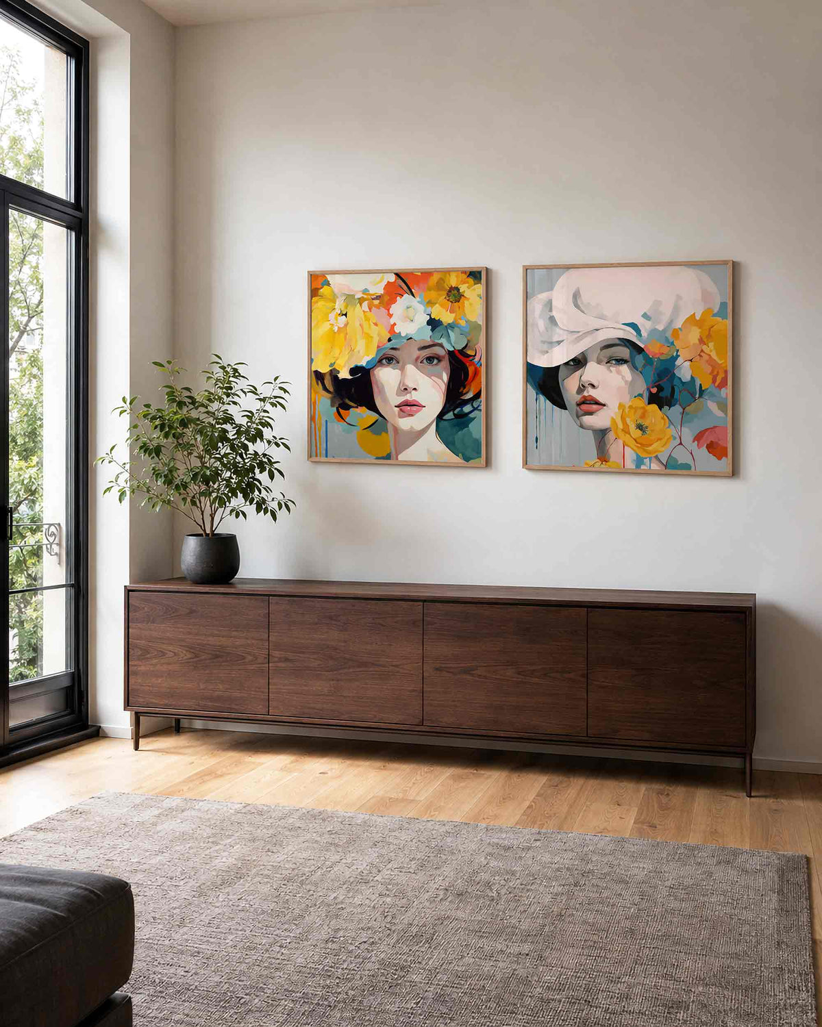 Interieurpresentatie van een tweedelige vierkante posterset met vrouwenportretten met bloemen