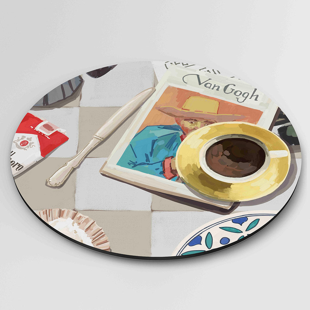 Stilleven met koffie en boek Muurcirkel