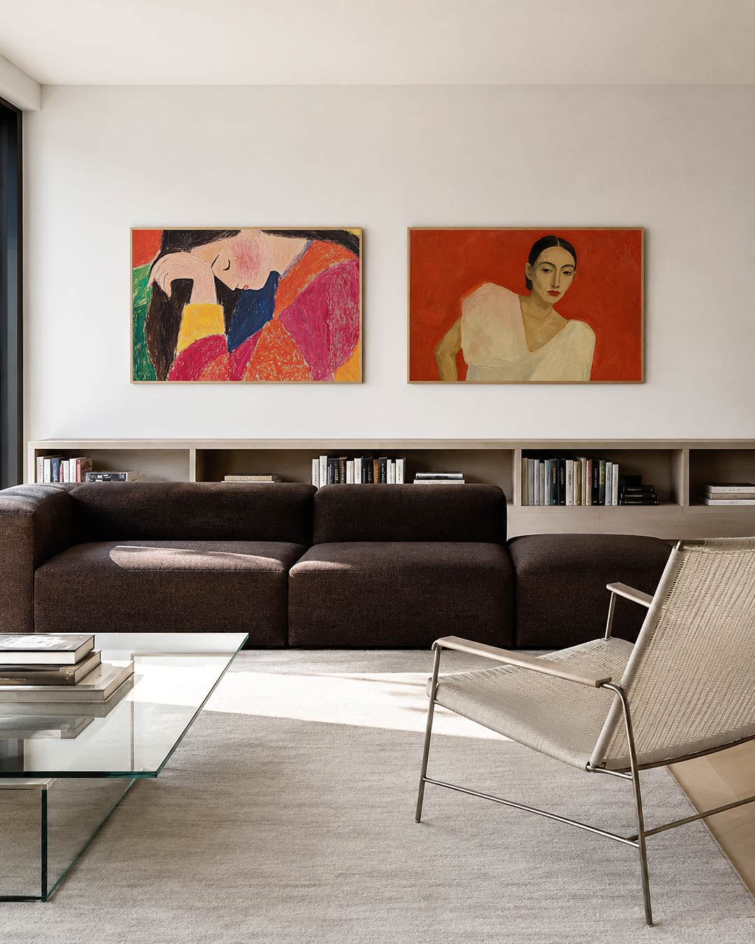 Twee liggende posters met een vrouw met gebogen hoofd, omringd door levendige kleurvlakken, aan de muur in een interieur