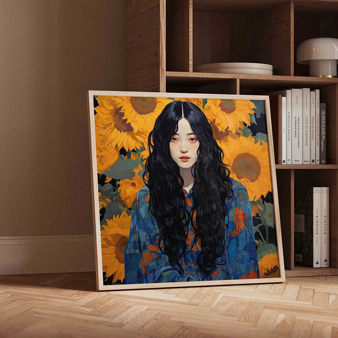 Vrouw met zonnebloemen Poster