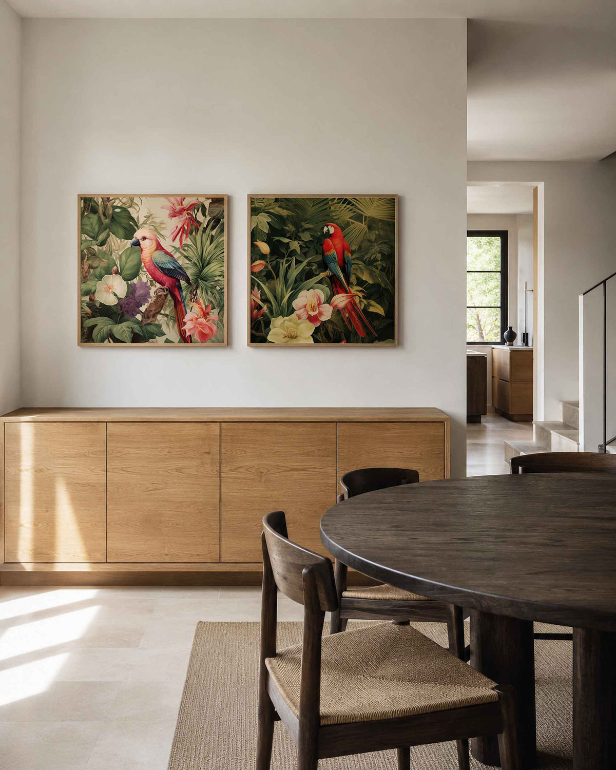 Interieurpresentatie van een tweedelige vierkante posterset met papegaaien tussen tropische bloemen