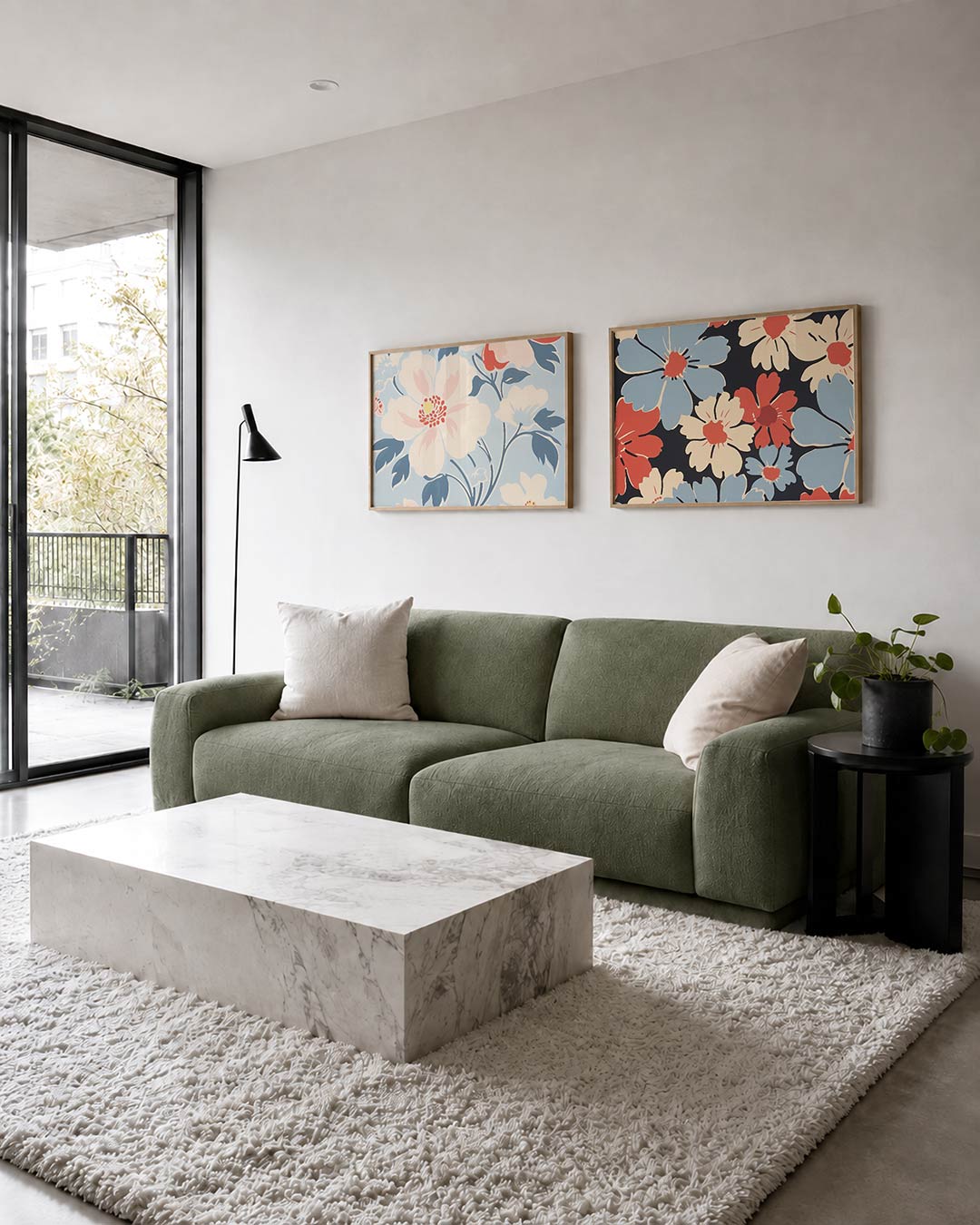 Interieurpresentatie van twee posters met grote bloemen in zachte tinten roze, blauw en crème