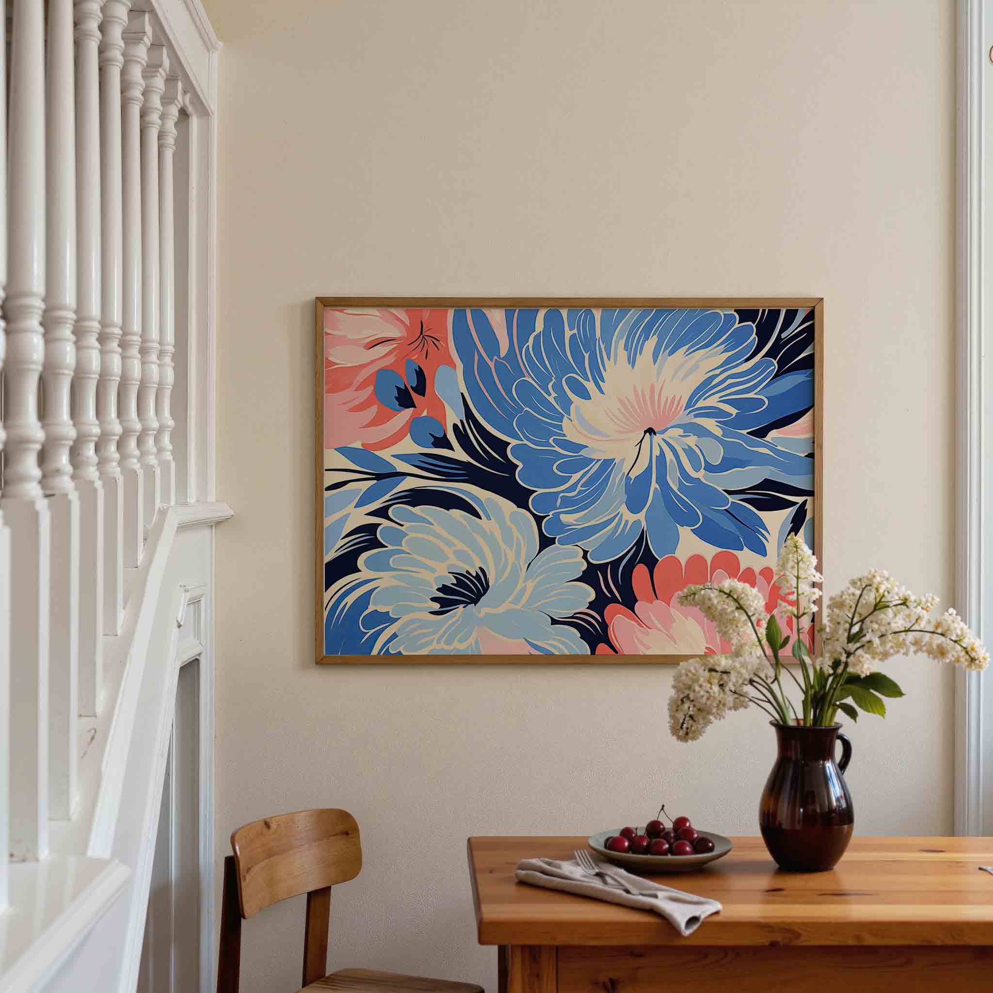 Bloemen in blauw en roze Poster