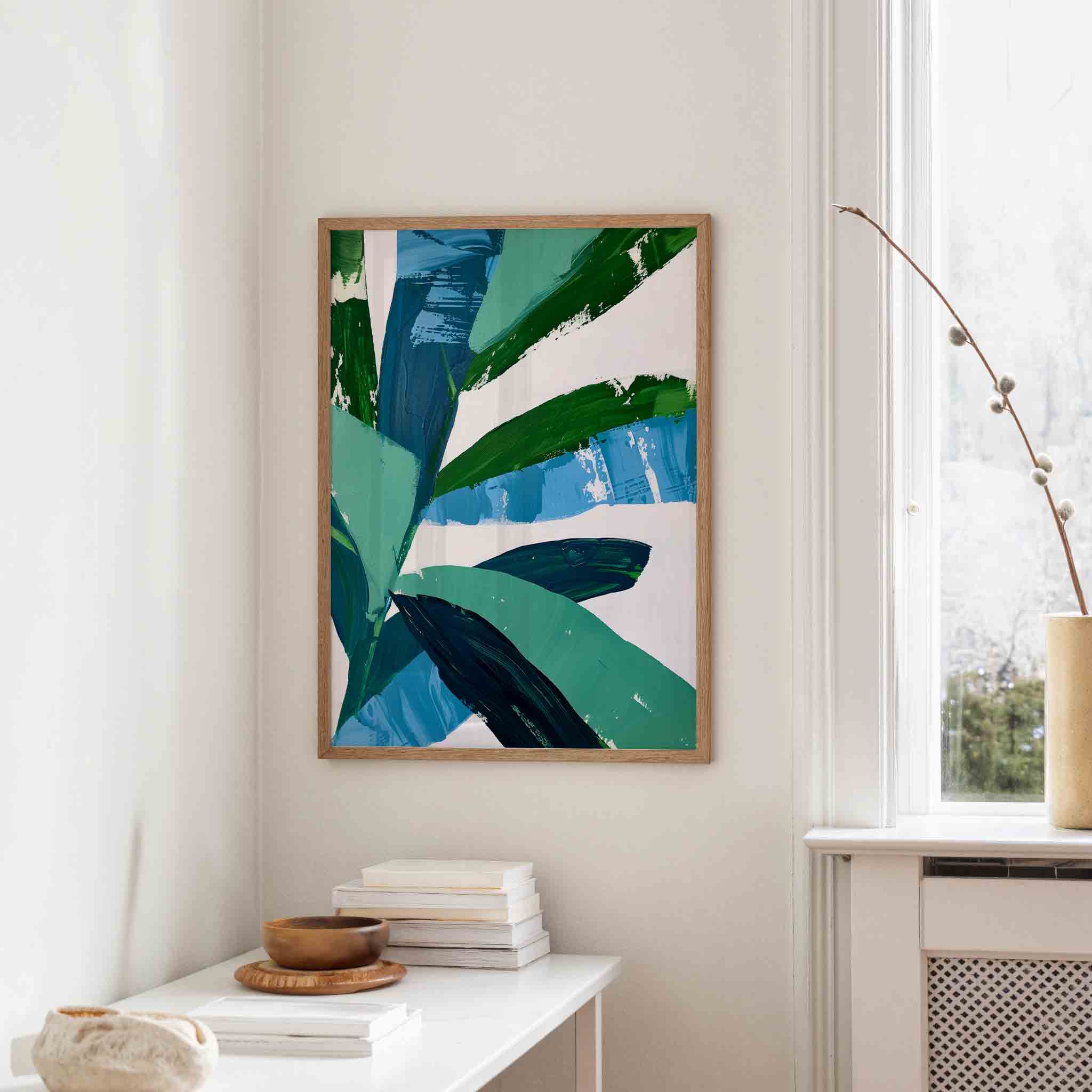 Bladmotief in blauw en groen Poster