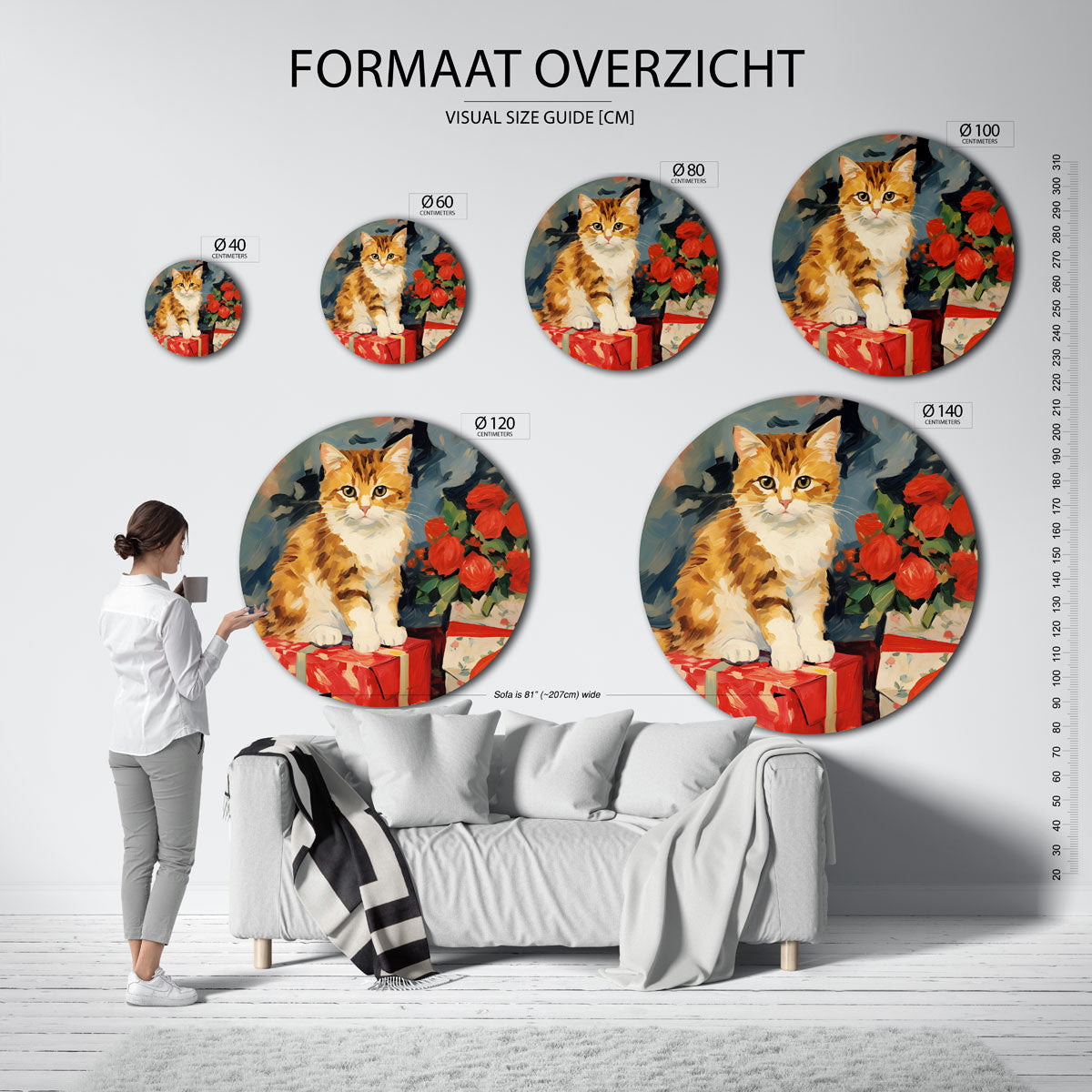 Kat met rozen en cadeaus Muurcirkel