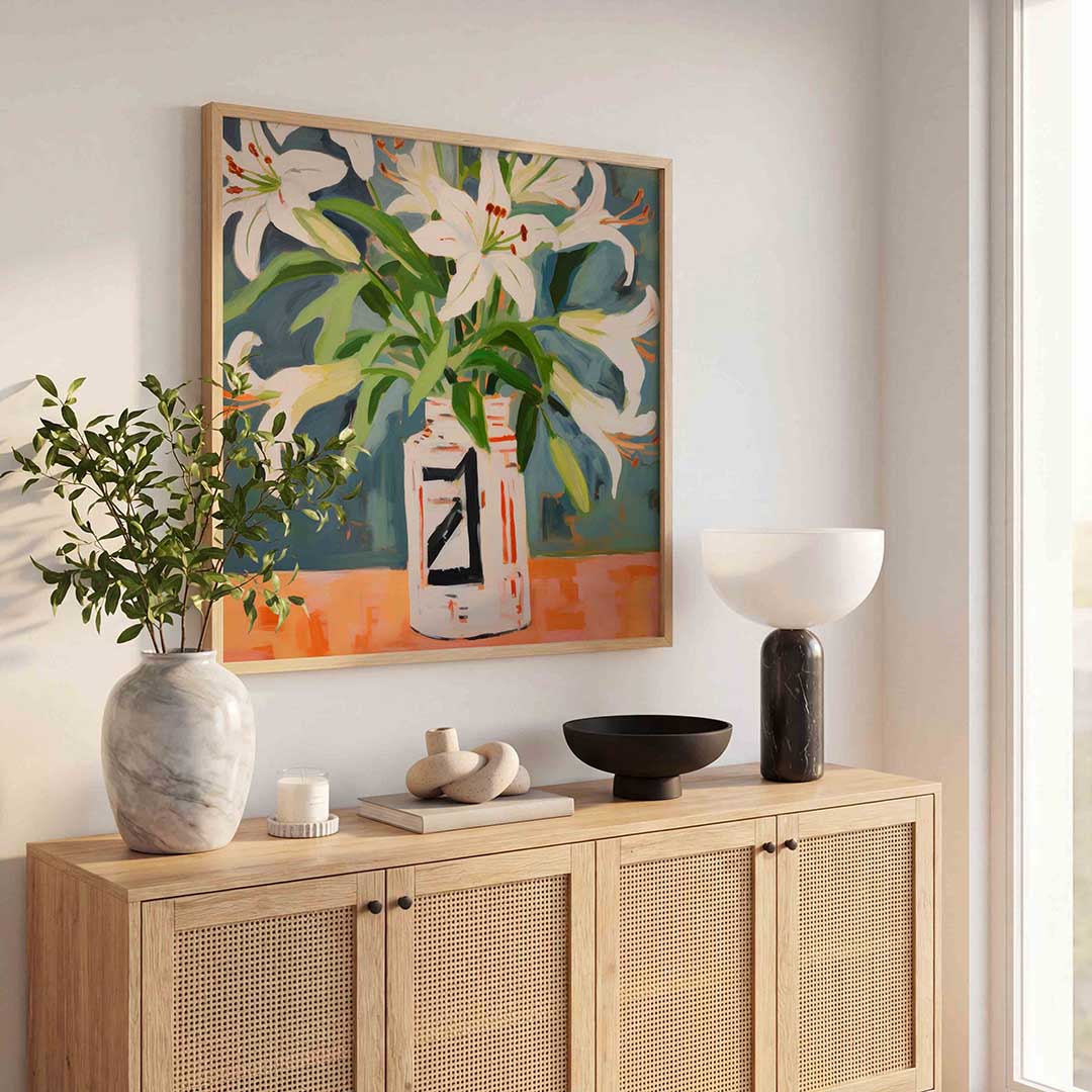 Witte bloemen in vaas Poster