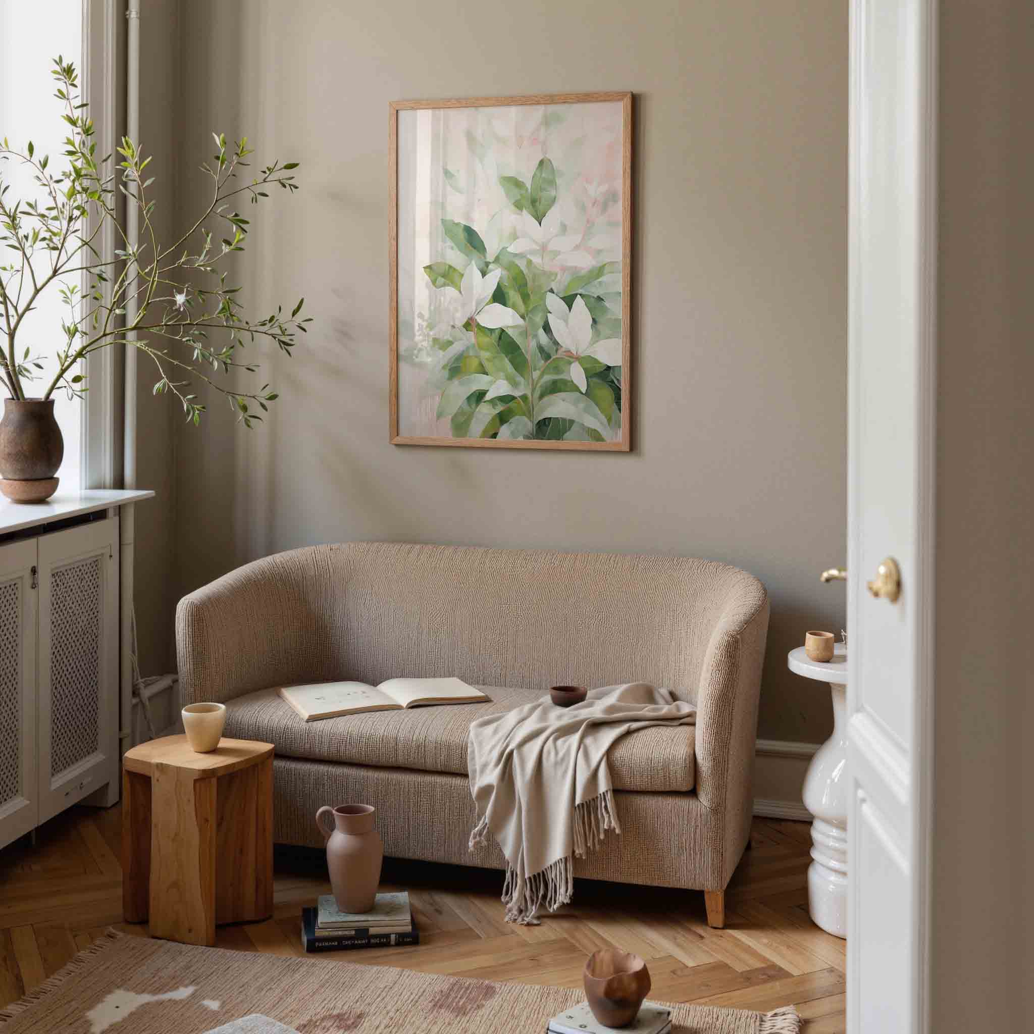 Witte bloemen en groene bladeren Poster