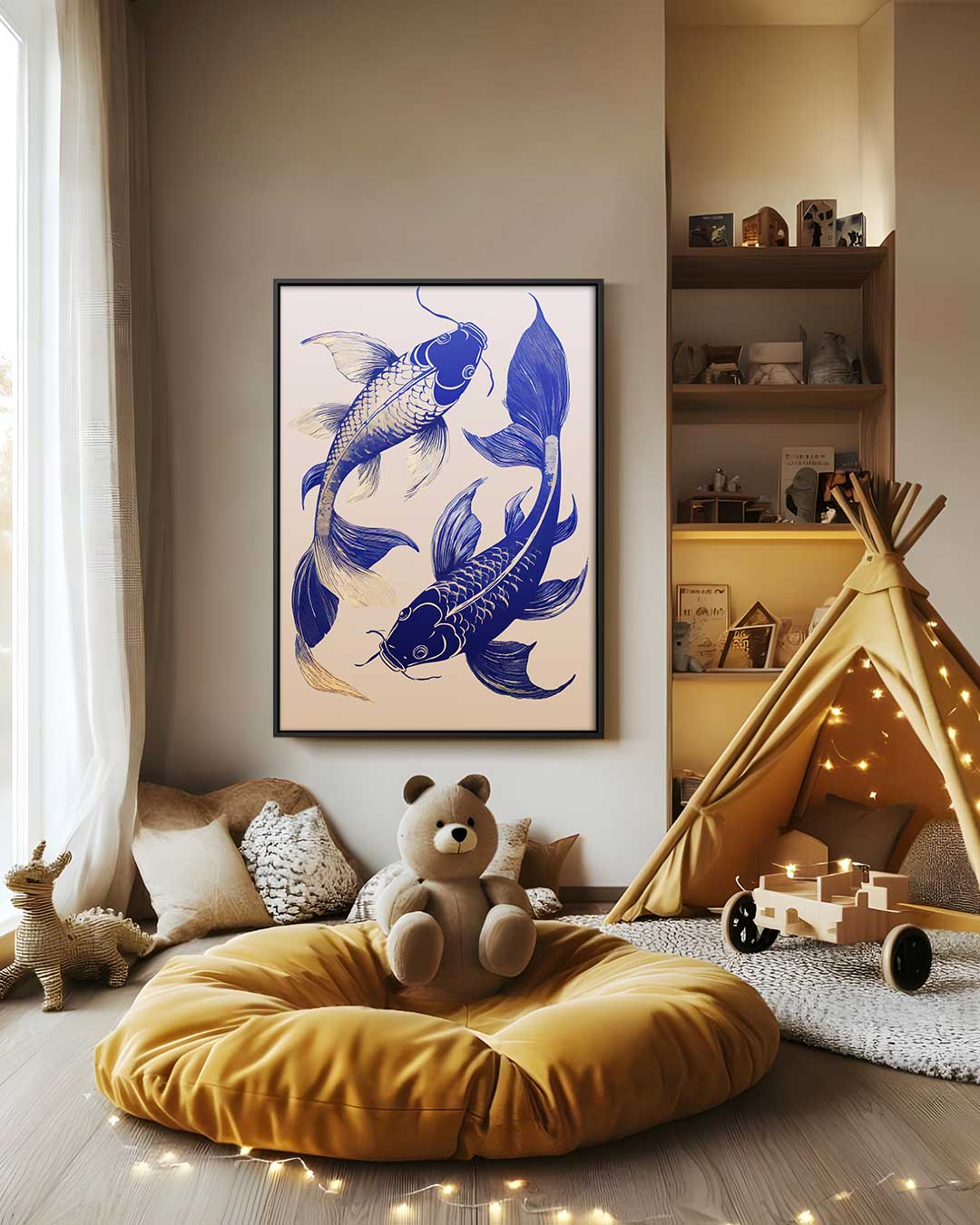 Dansende Koi In Blauwe Glorie Kunstwerk
