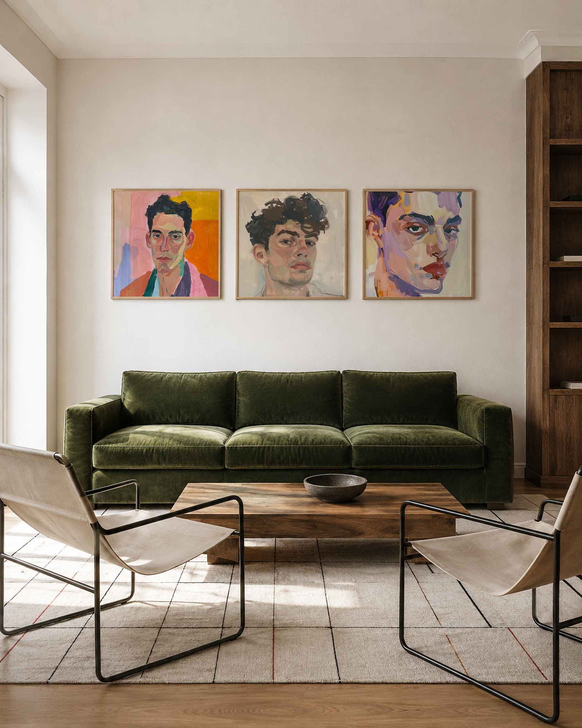 Interieurpresentatie van een driedelige vierkante posterset met geschilderde portretten