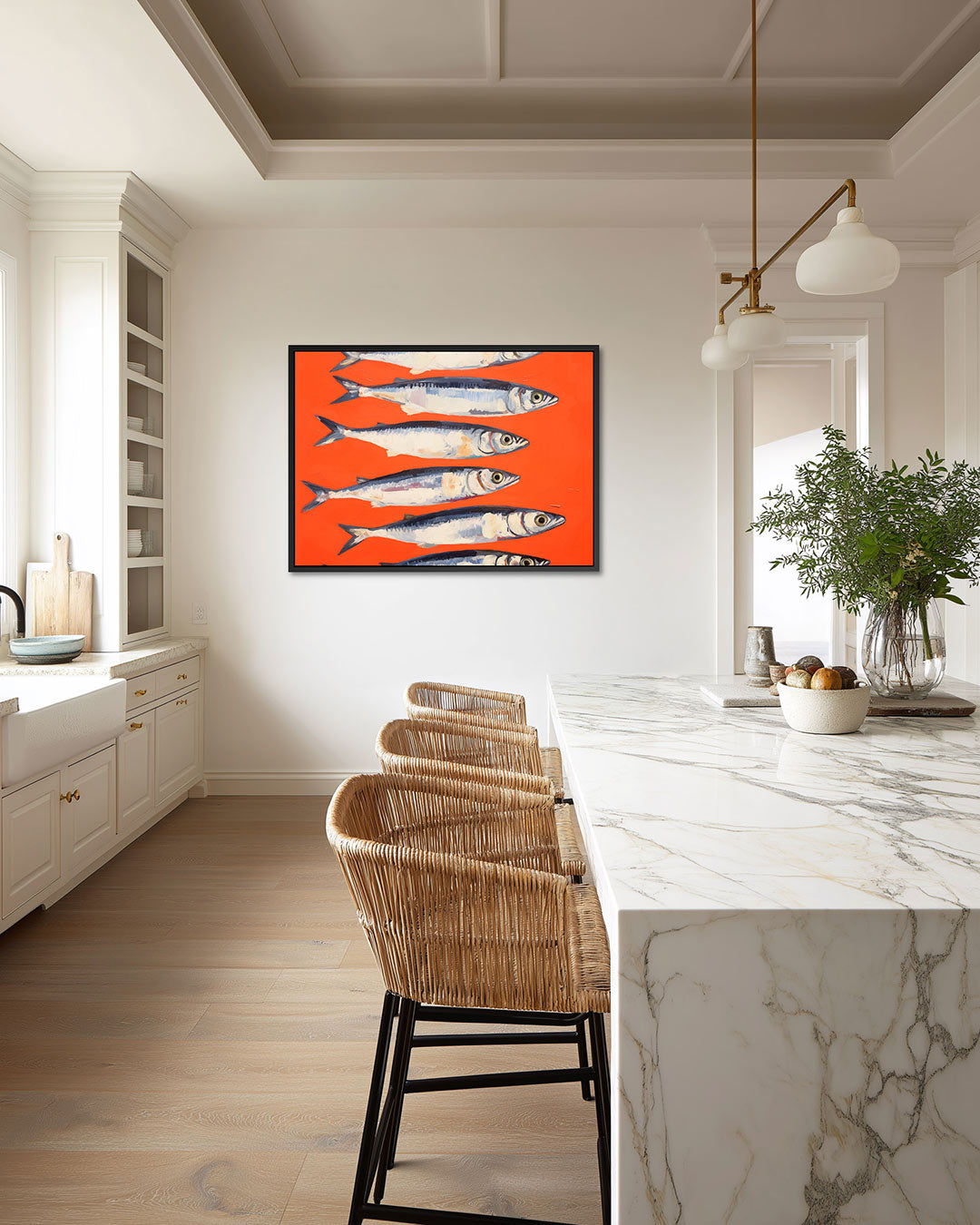 Vissen op fel oranje Kunstwerk