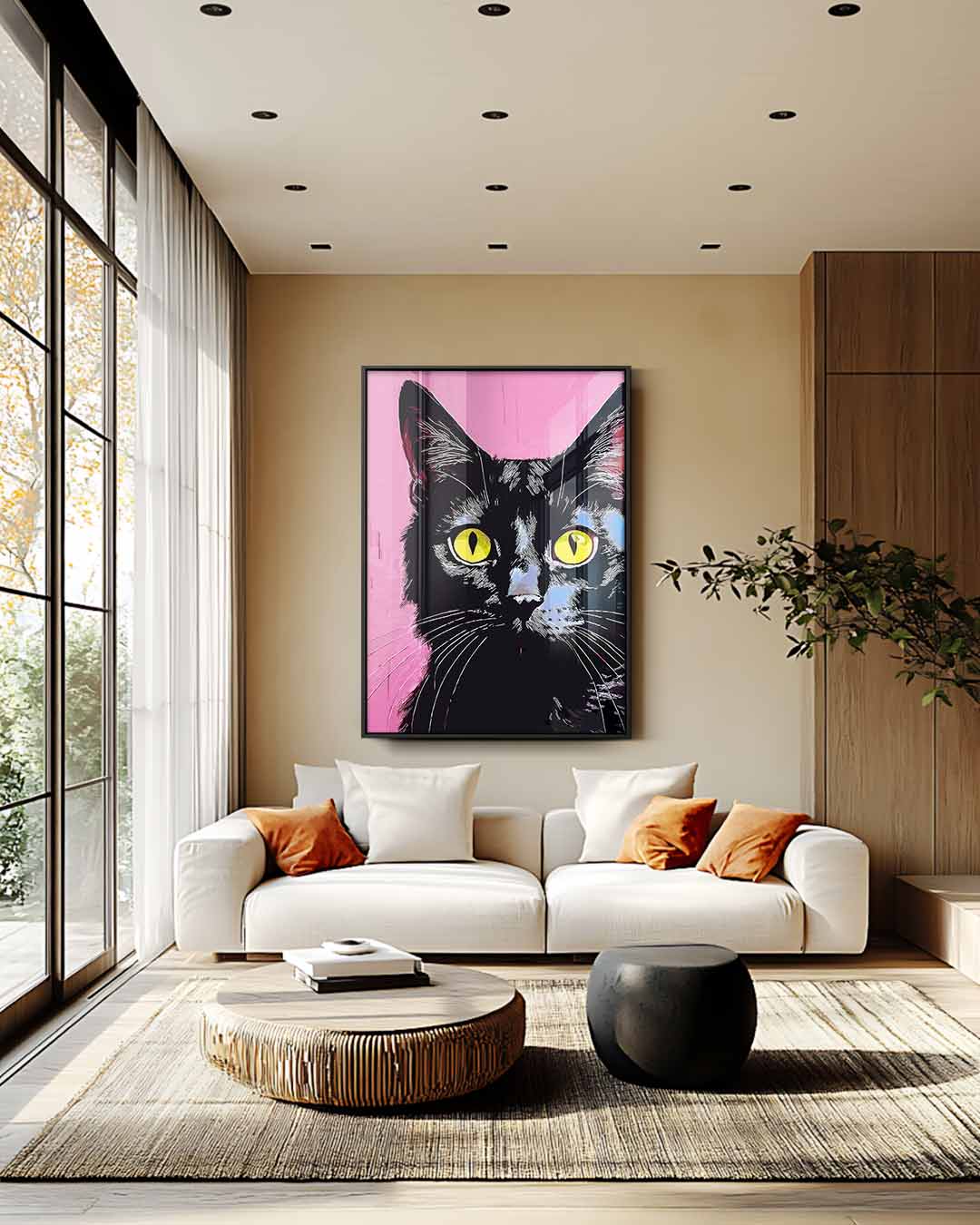 Kat met Gele Ogen op Roze Achtergrond Kunstwerk