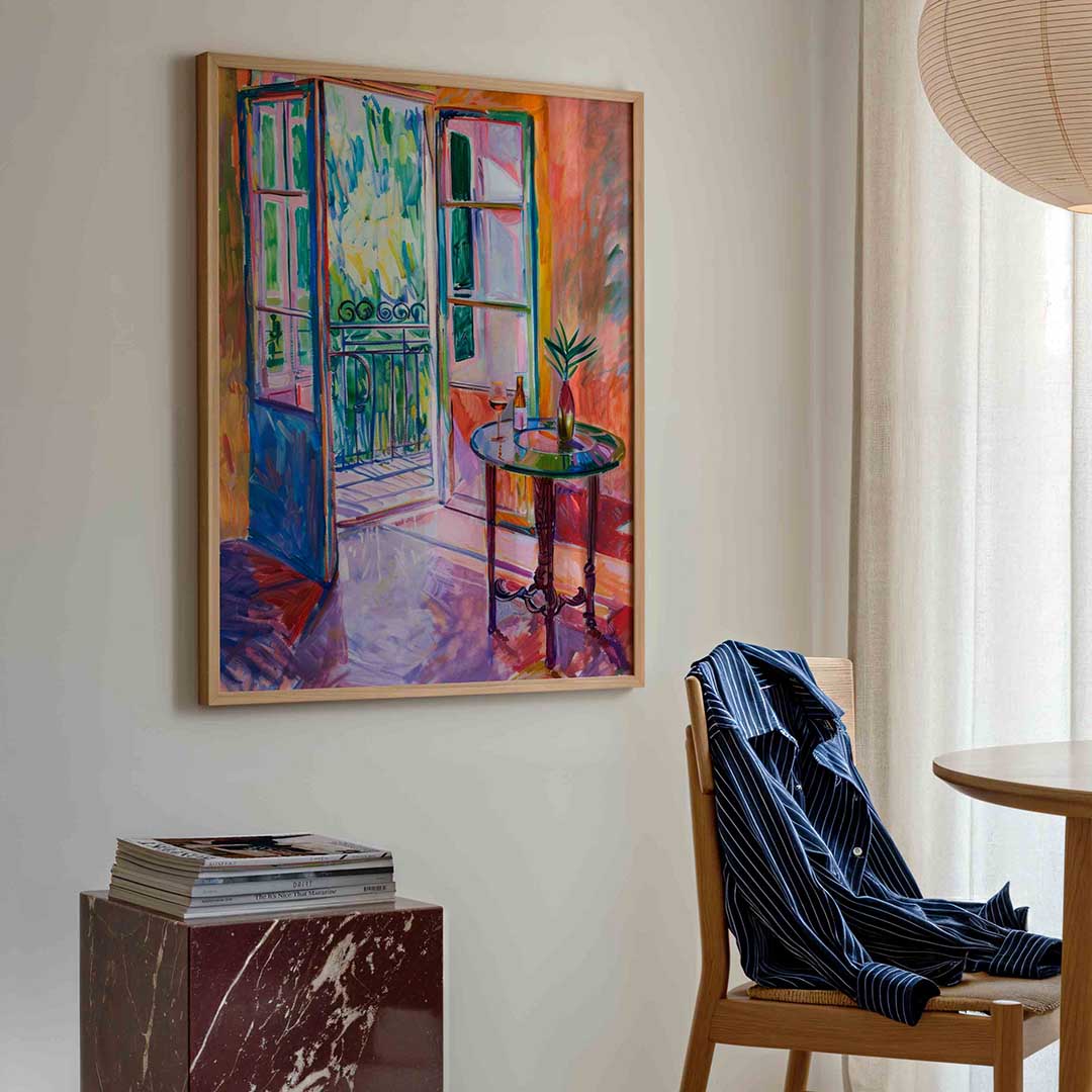 Open deuren met tafel Poster