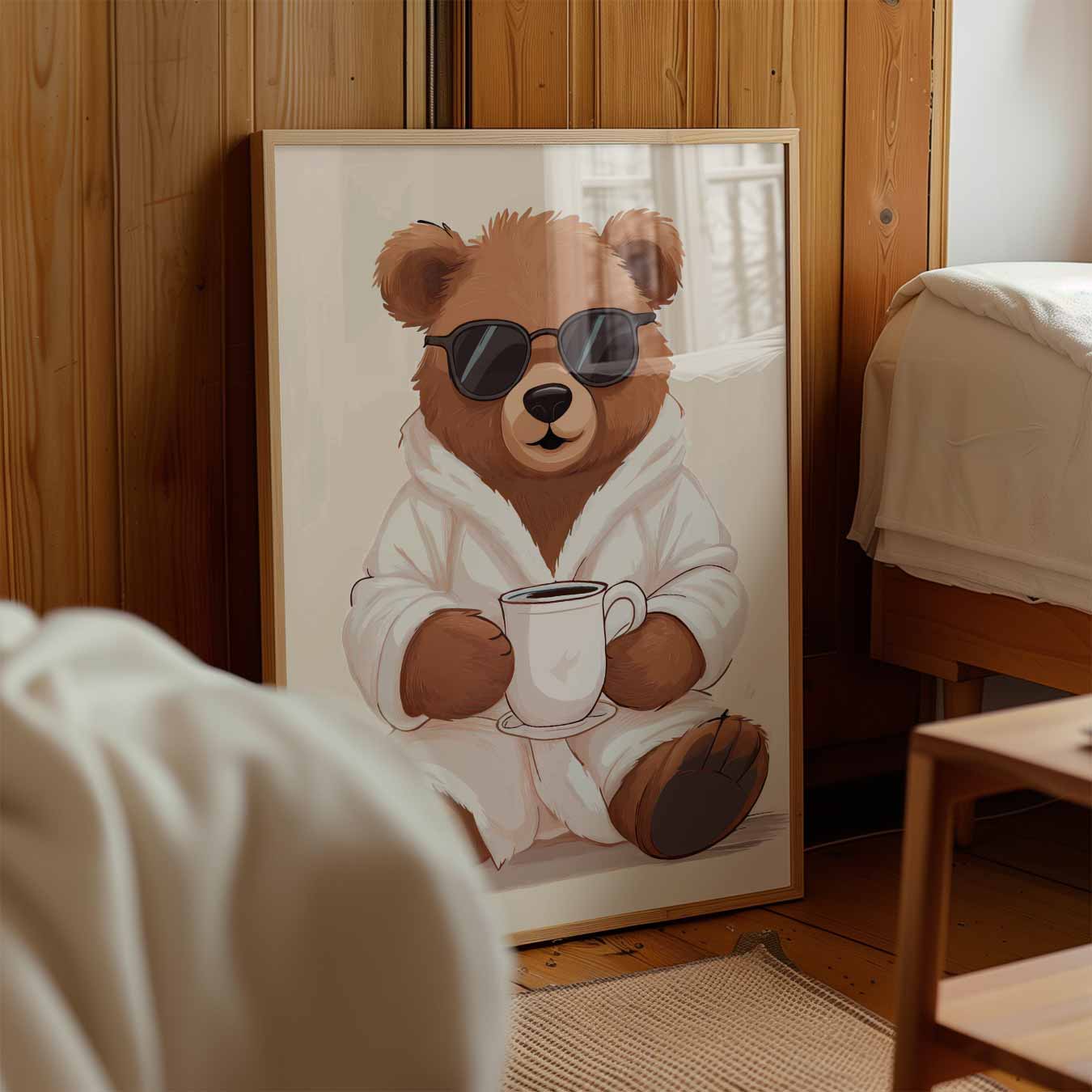 Chillende Beer met Koffie Poster-WallArtistic