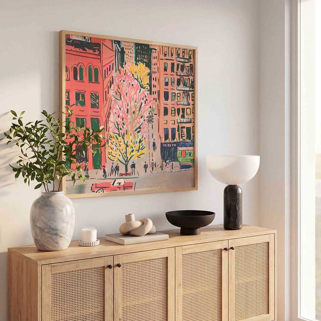 Stadsgezicht met bomen Poster