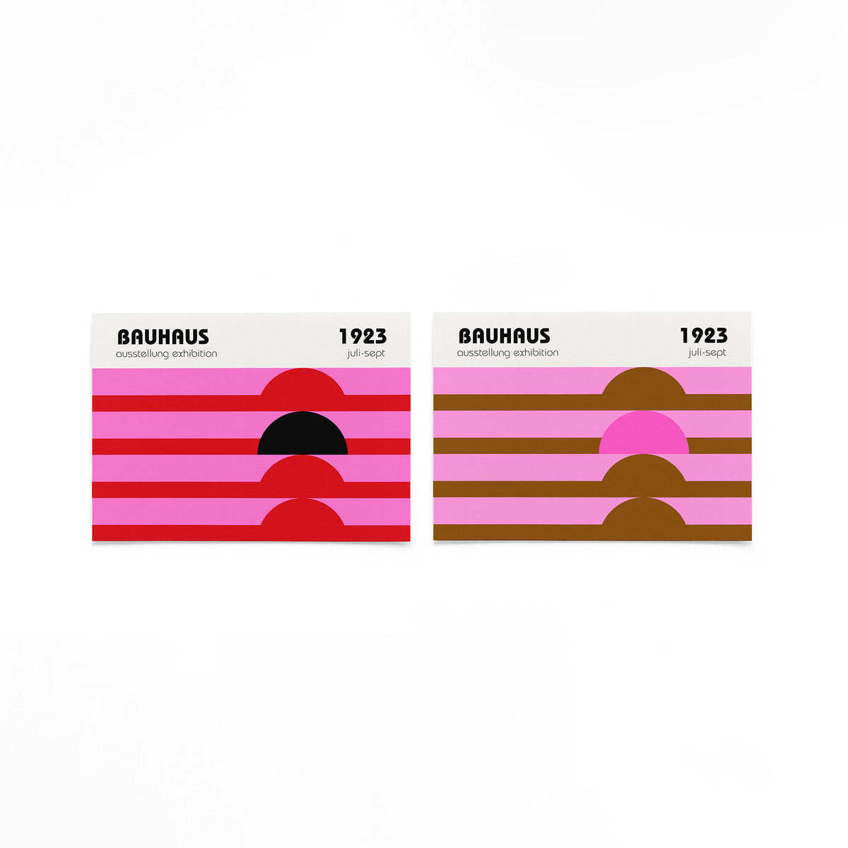 Twee landscape posters met roze bogen en kleurenbanden als vrijstaande productfoto