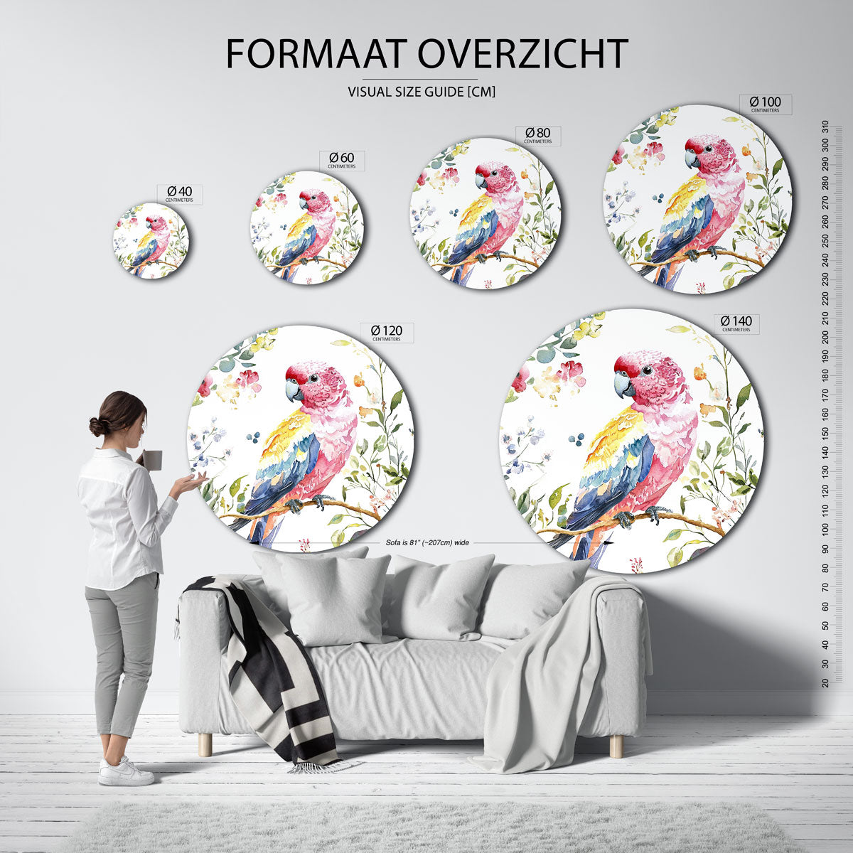 Papegaai en bloemen Muurcirkel